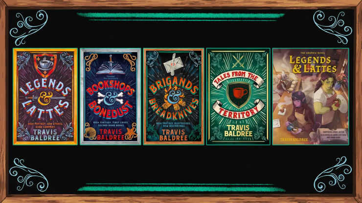 A dark background with five book jackets on the front, all in a wooden frame