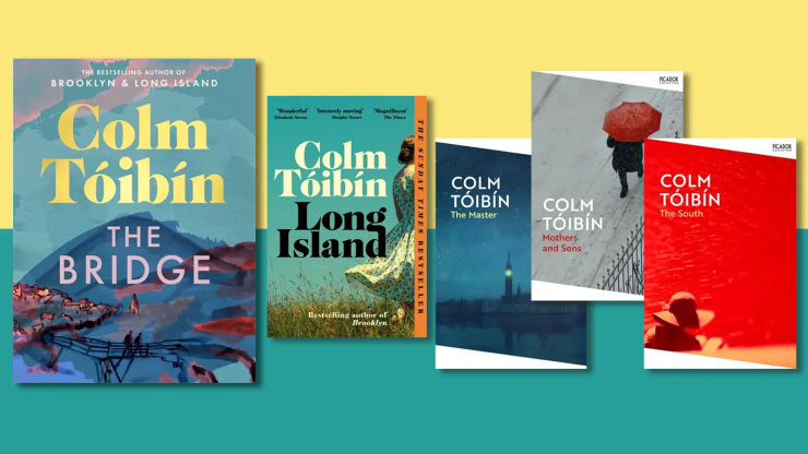Book jackets on a yellow and teal background: The Bridge, Long Island, The Master, Mothers and Sons, The South
