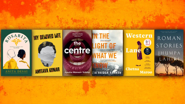 Book covers on a bright orange and yellow background