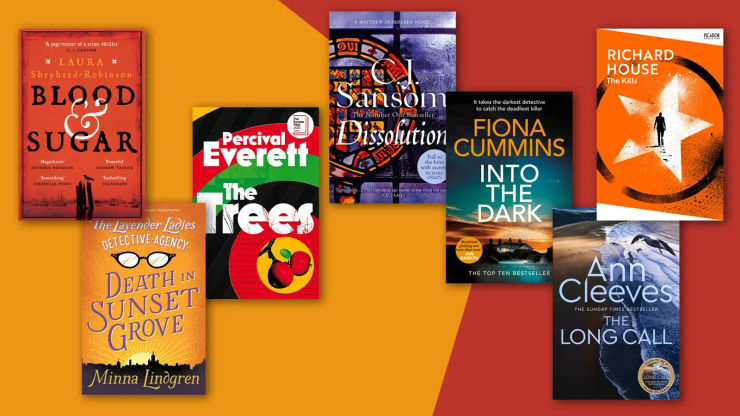 Several books on an orange and red background