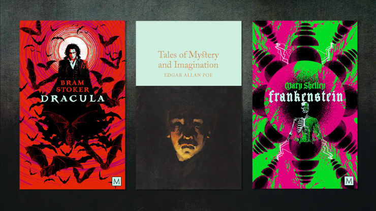 Dracula, Poe and Frankenstein covers on a dark background