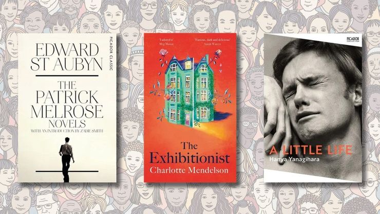 Three books stand in front of a background of many illustrated faces.