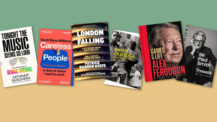 Multiple book jackets, including London Falling by Patrick Radden Keefe, on a light green and yellow background