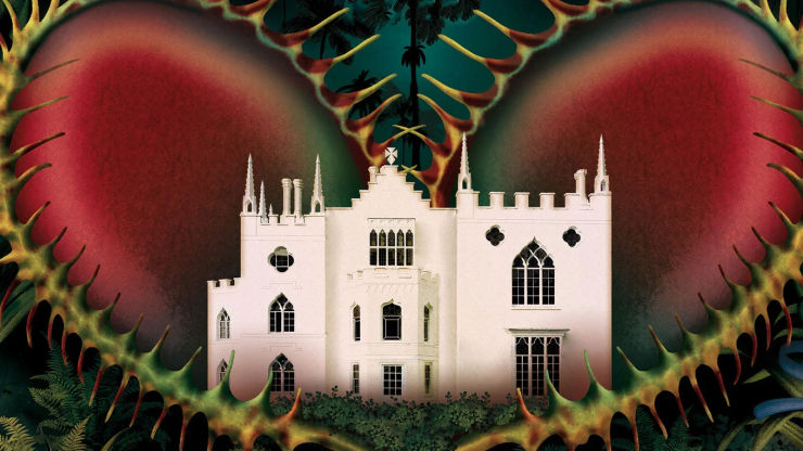 An illustration of a heart with a spiky outline and a white castle at its centre.