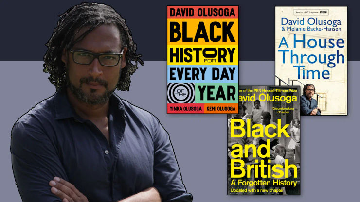 A photograph of David Olusoga alongside covers of three of his books