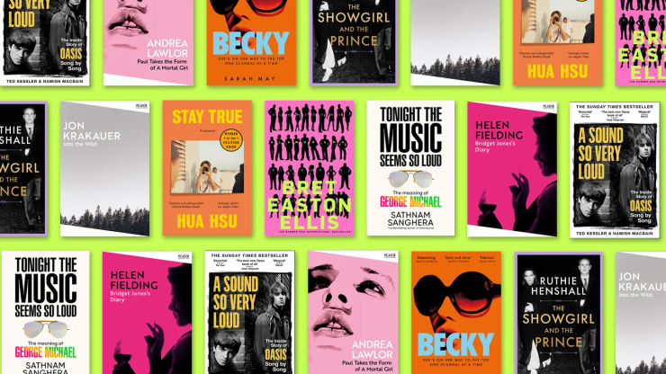 9 books covers in repeating lines on a neon yellow backdrop