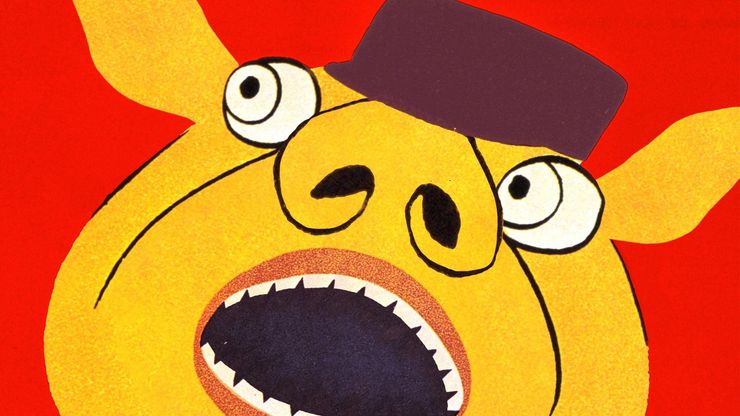 A red background with a drawing of a yellow covers pig with googly eyes wearing a hat, looking as if it's screaming - taken from the book cover for George Orwell's book, Animal Farm. 