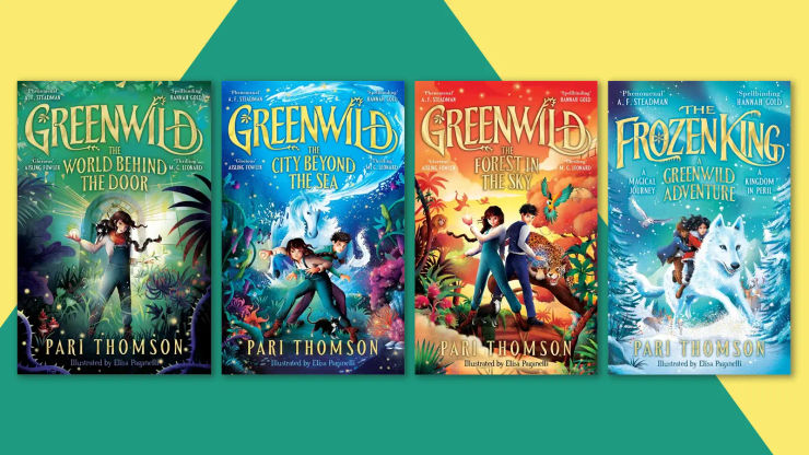 A green and yellow background with four book covers overlaid