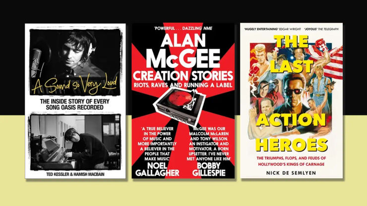 Books covers overlaid on a black and yellow background