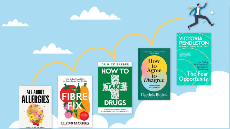 Five books acting as steps for a figure leaping upwards