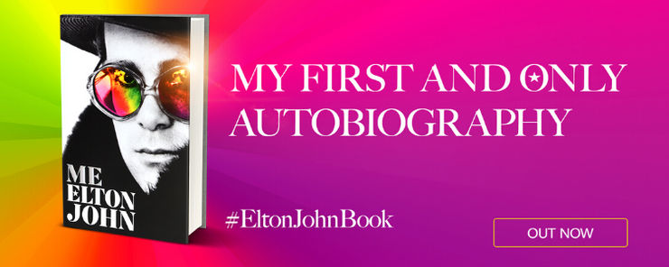 Elton John's book 'Me' superimposed on a multicoloured background with the copy, My first and only Autiobiography. #EltonJohnBook