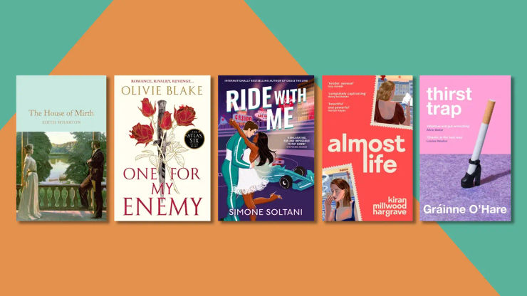 An orange and green background overlaid with five book covers