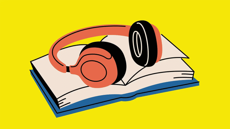 A pair of headphones lie on a book, with a bright yellow background