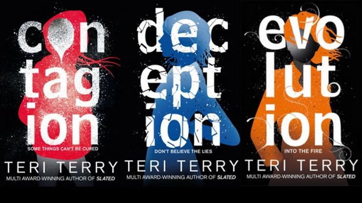 Side by side Jacket covers for Teri Terry's books: Contagion, deception and evolution