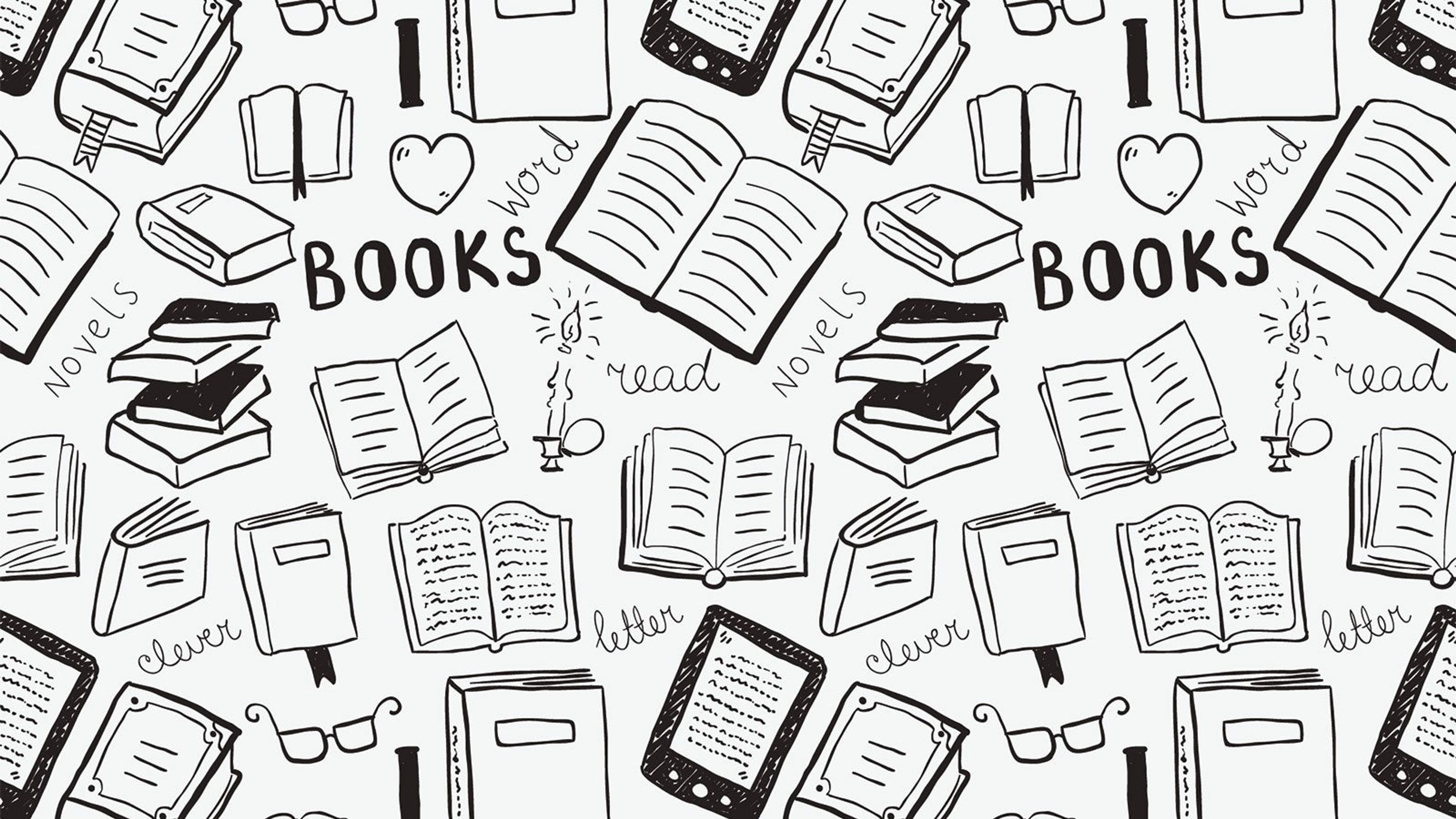 A cartoon background of books, ereaders and glasses.