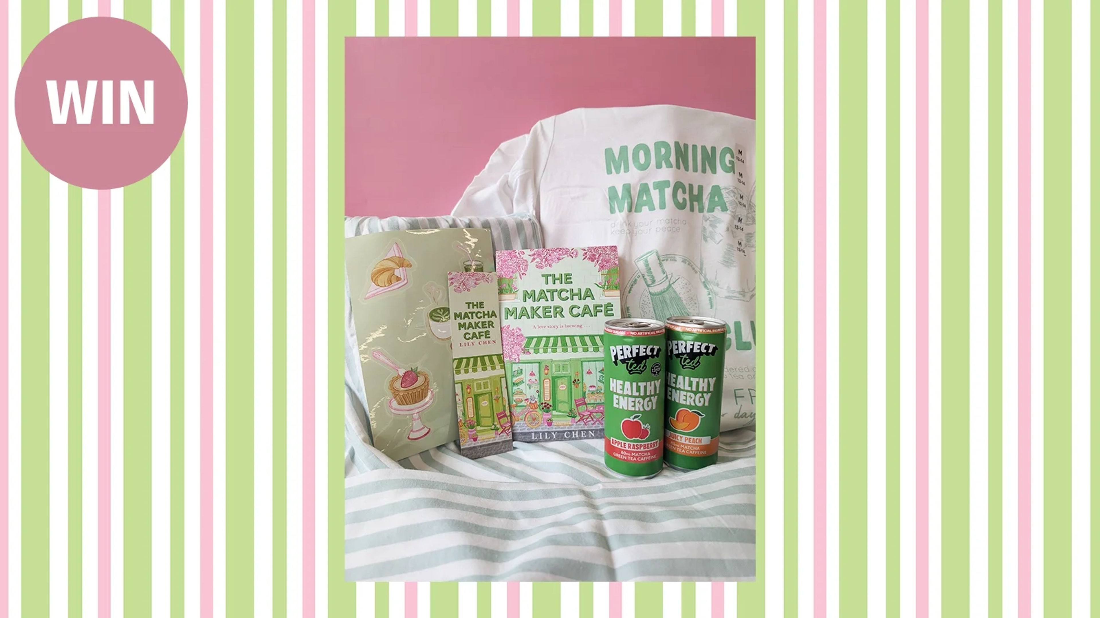 Bundle of Matcha Maker Cafe merchandise on a green and pink background