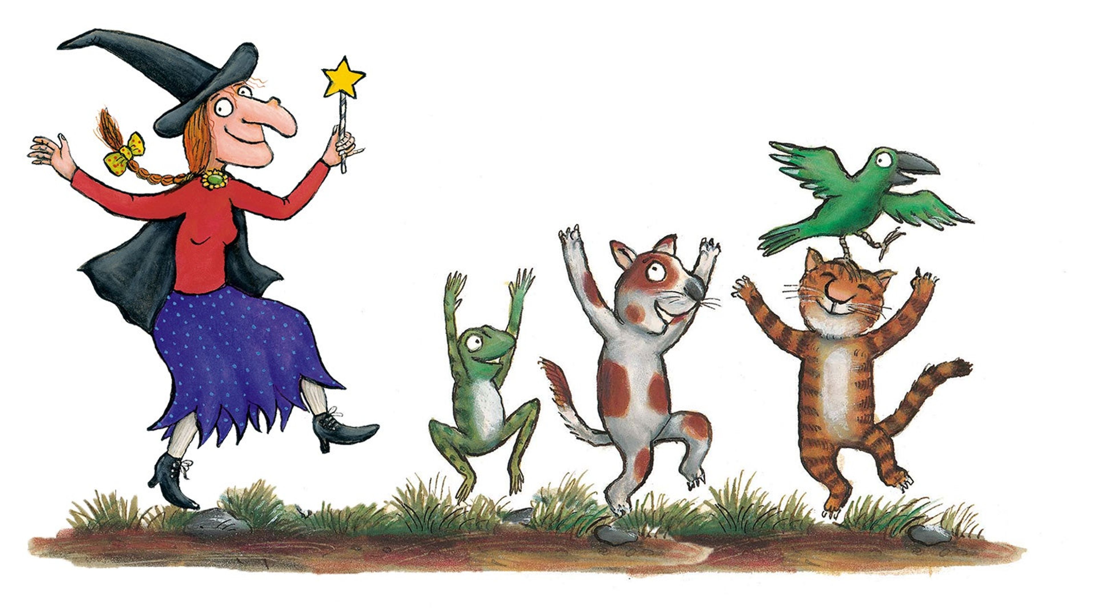 An illustration of the characters from Room on the Broom jumping for joy.