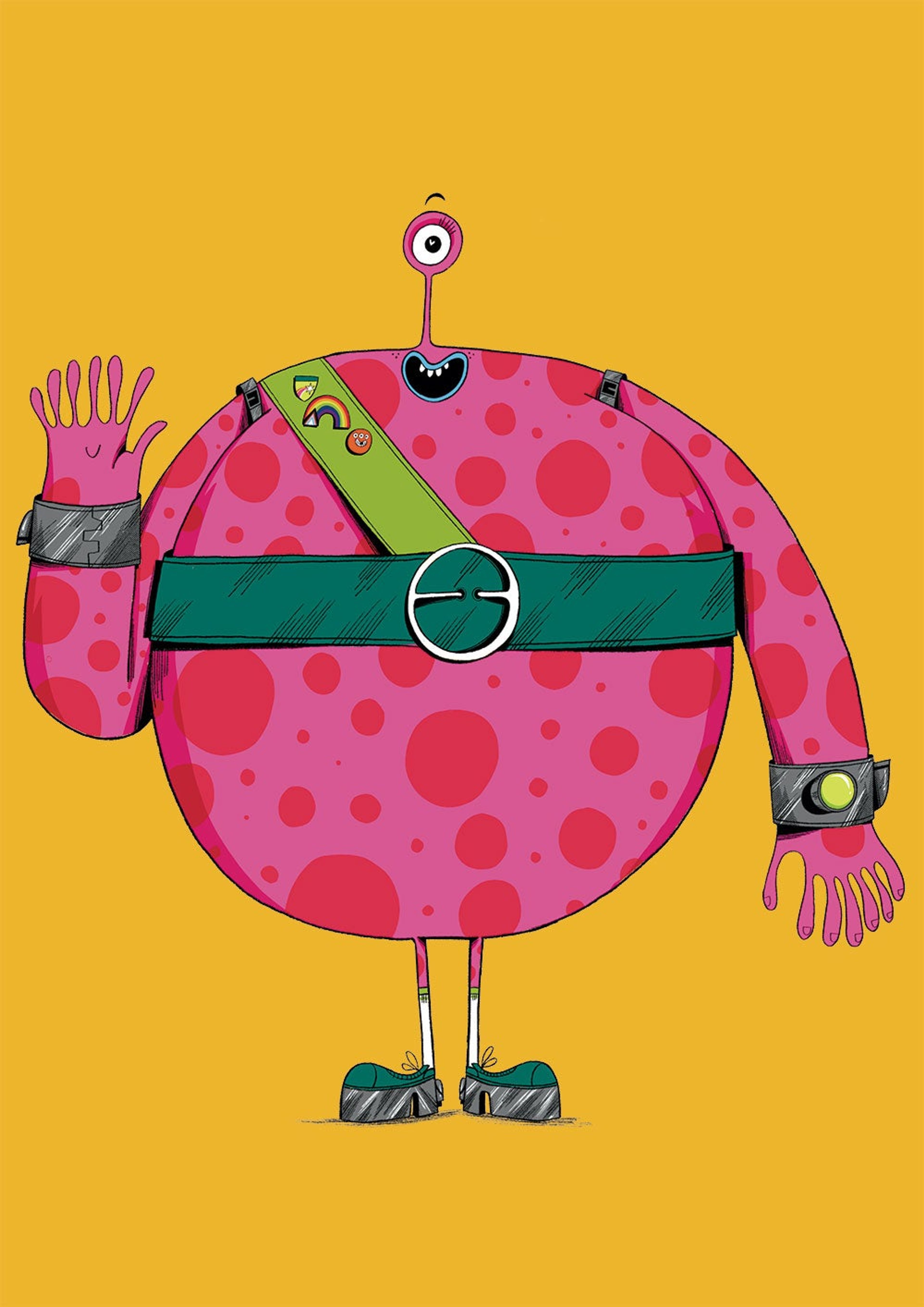 Beryl is a large, pink, spotty alien with one eye on a stalk and seven fingers on each hand. She wears sparkly turquoise moon boot trainers, carries a backpack full of snacks and has a very squeaky high pitched voice.