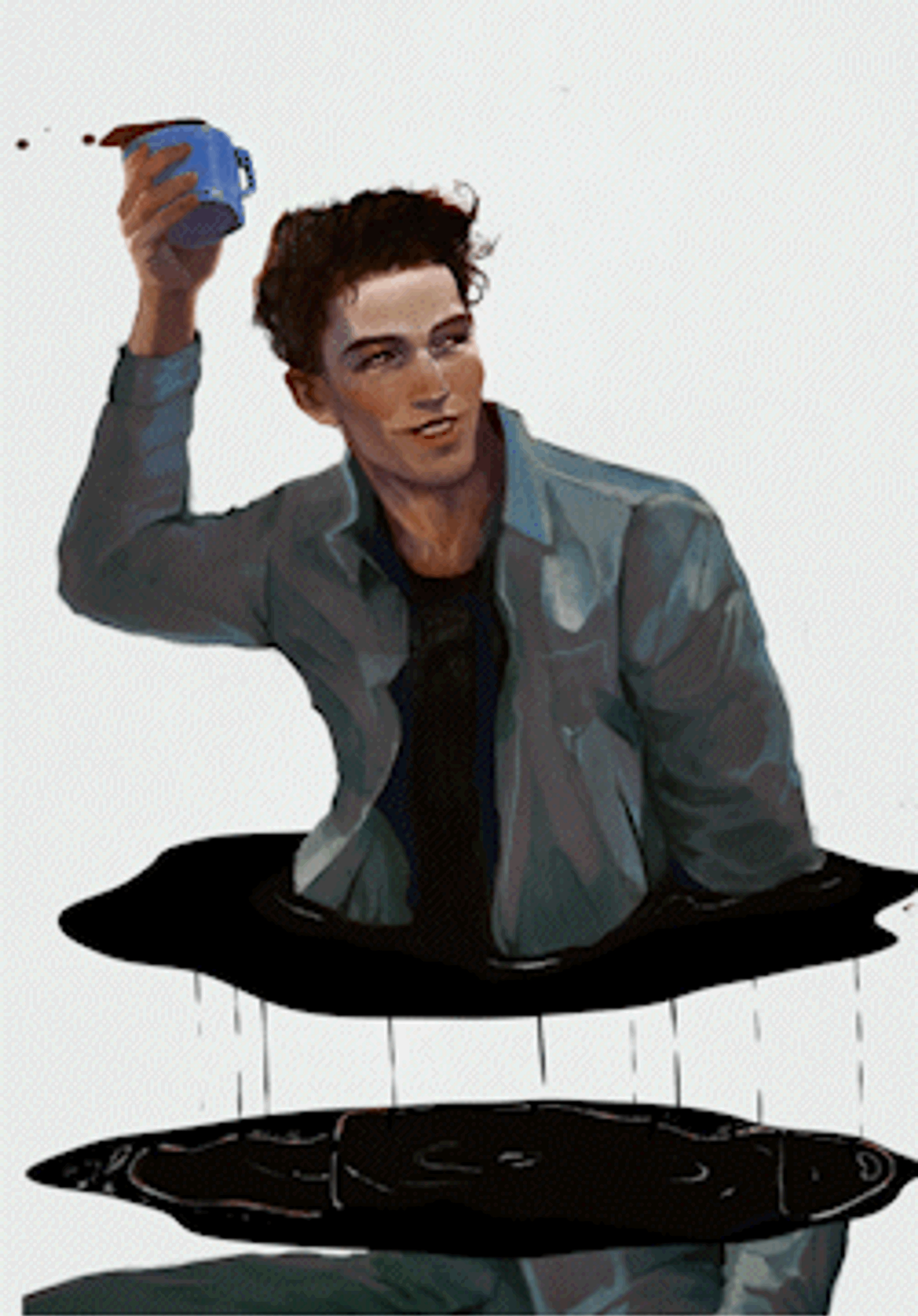 Animation of Nico de Varona showing him emerging from a floating black pool, holding a cup of coffee, smiling and winking