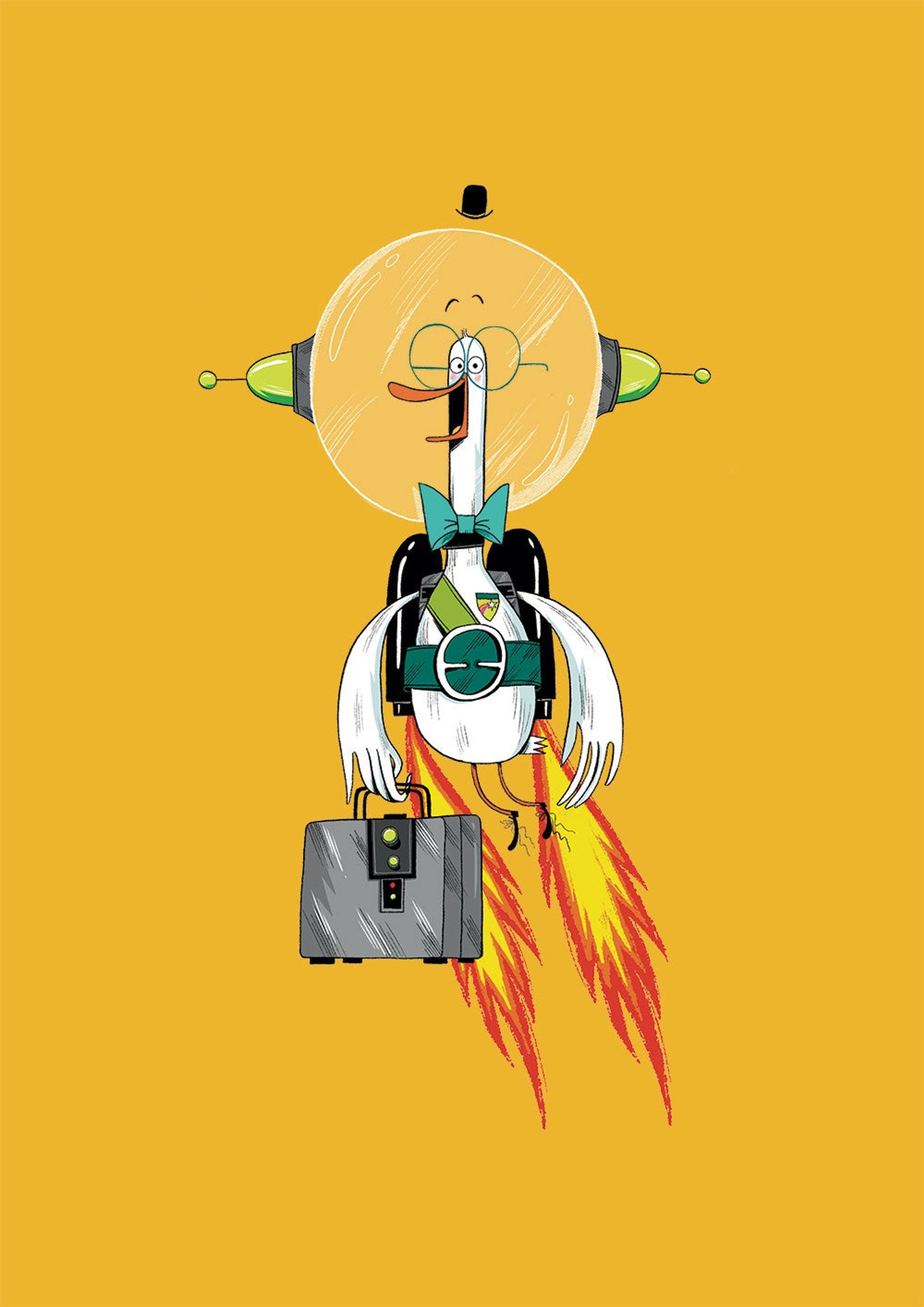 Professor Quackers is a duck. He has a bow-tie and wears a little bowler hat on top of his space helmet. 