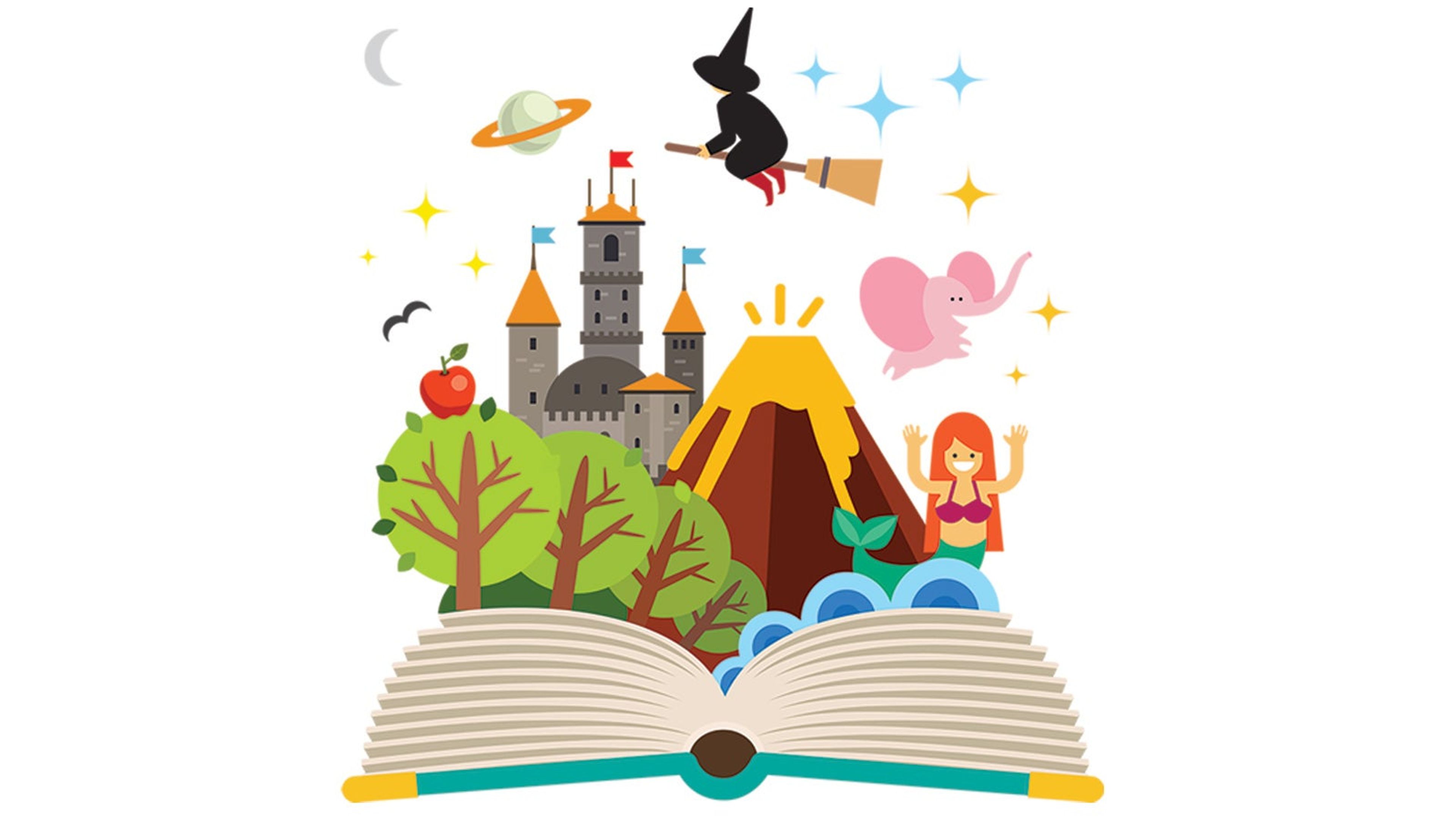 A cartoon shows a story book with illustrations of a forest, a castle, a mermaid, a flying elephant, a witch and more all bursting out.