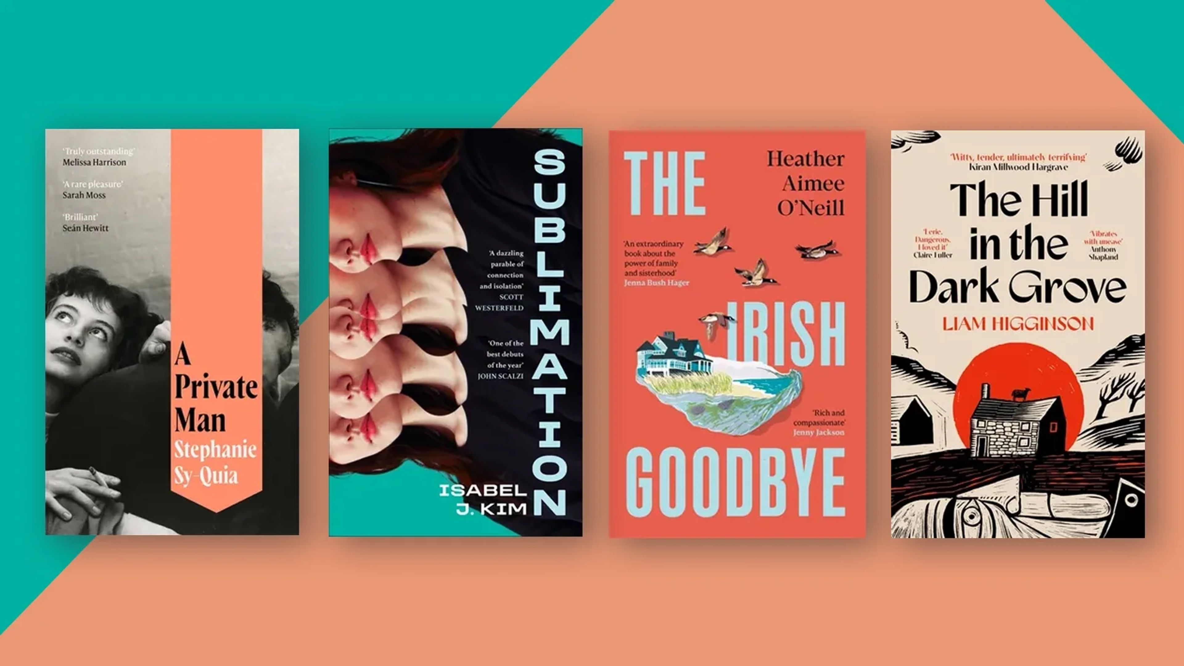 Book covers on a teal and light orange background