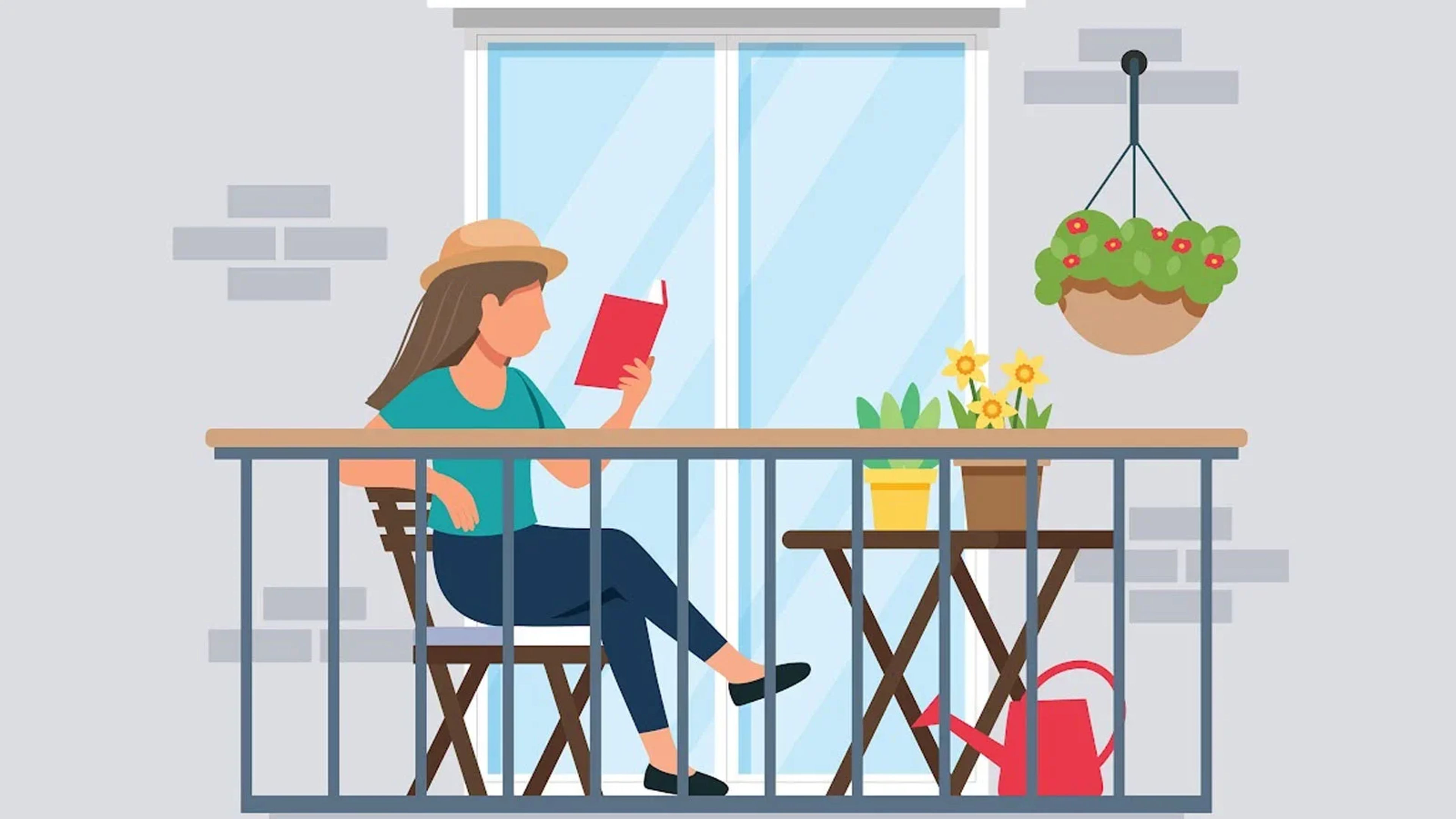 An picture of a woman in a straw hat reading a book on a balcony.