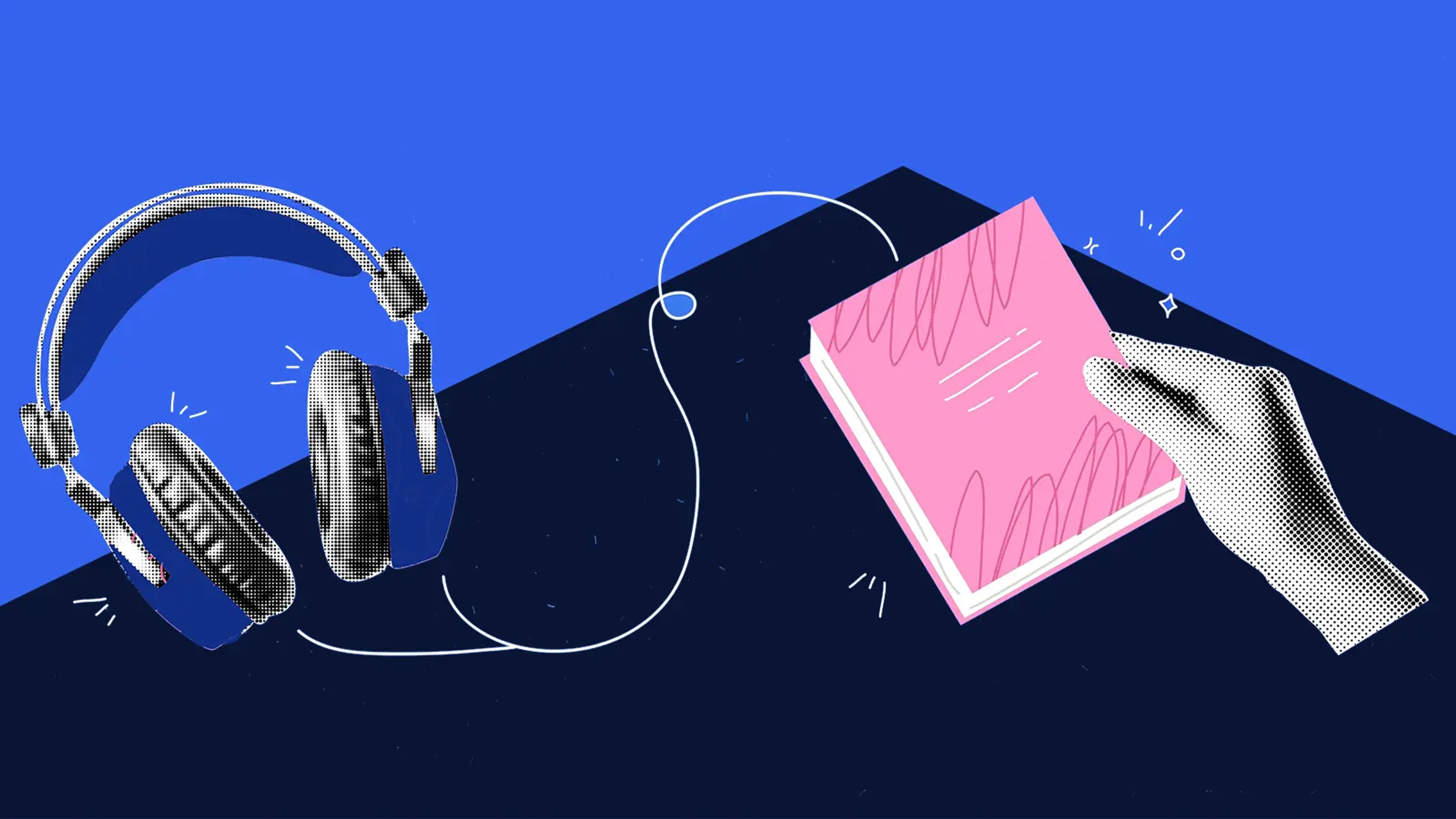 Illustration of some headphones attached to a book