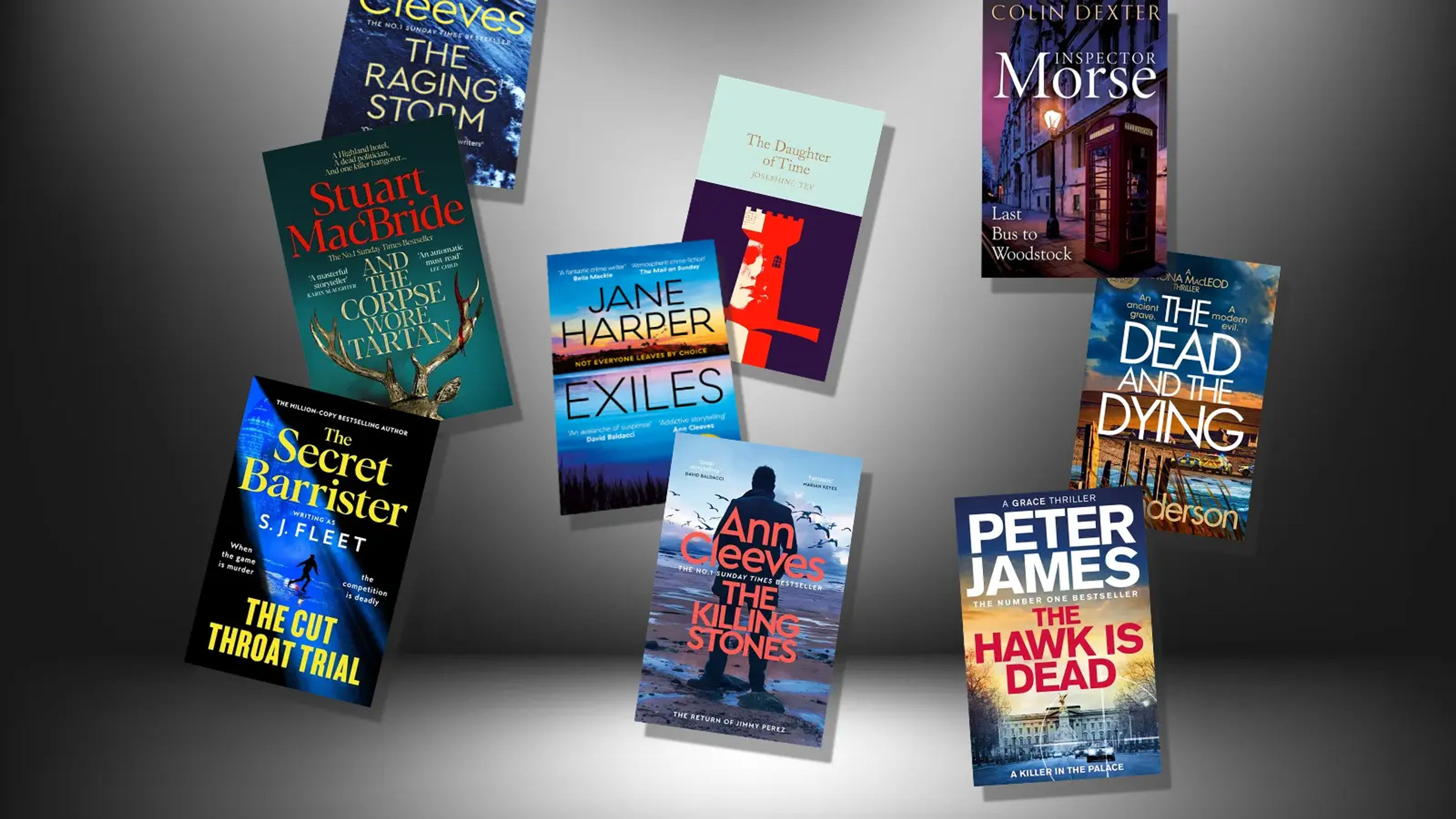 A shadowy background with book covers overlaid as if they are falling from the sky.