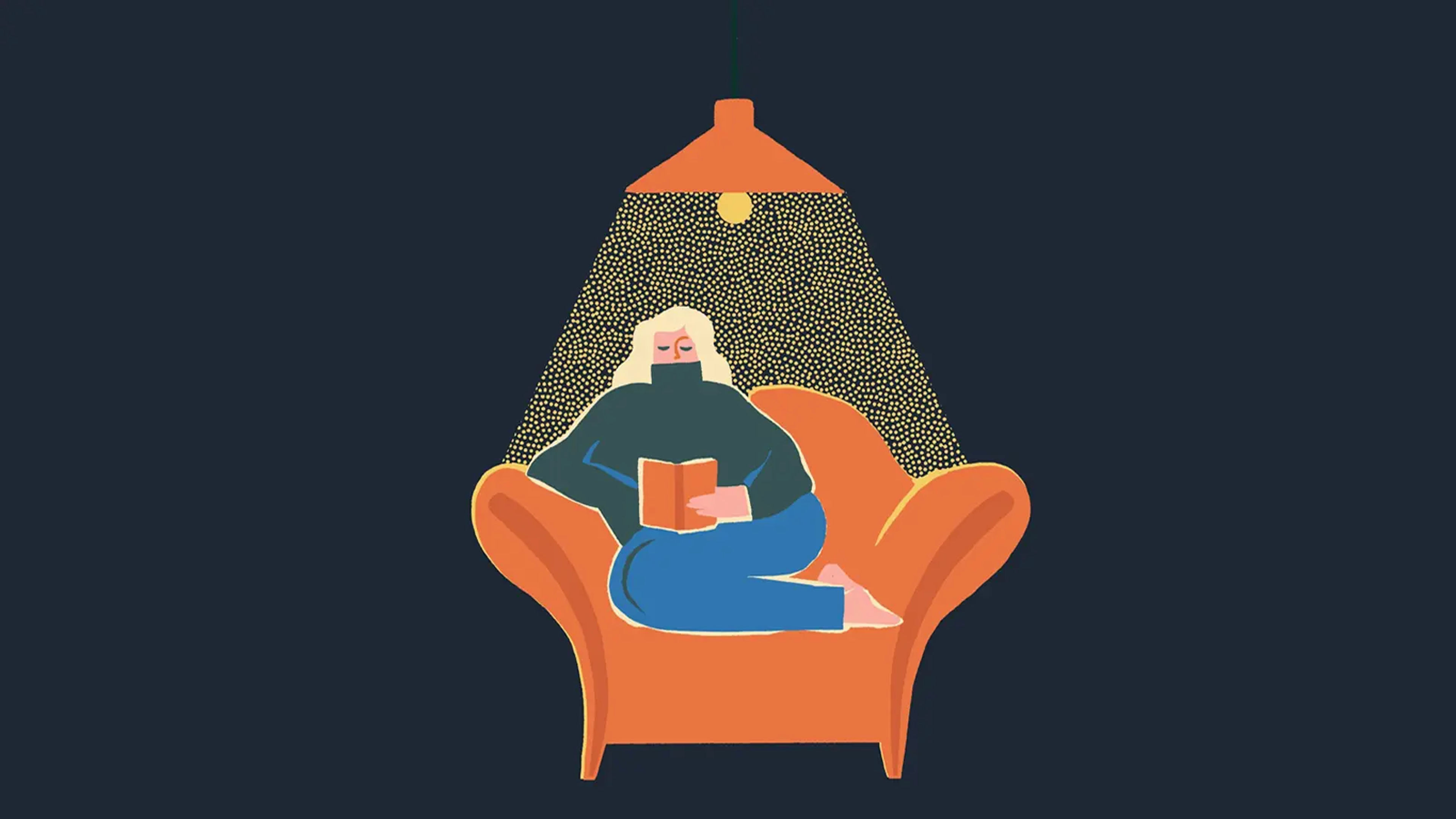 An illustration of a woman reading in an armchair wearing a cosy sweater