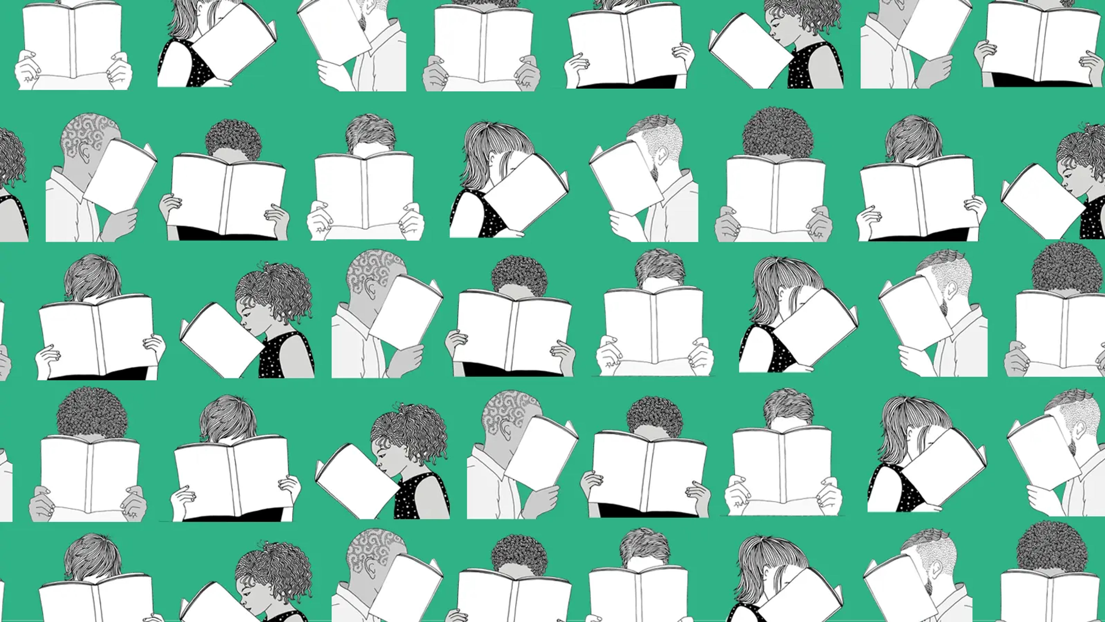 Repeated pattern of people reading on a green background