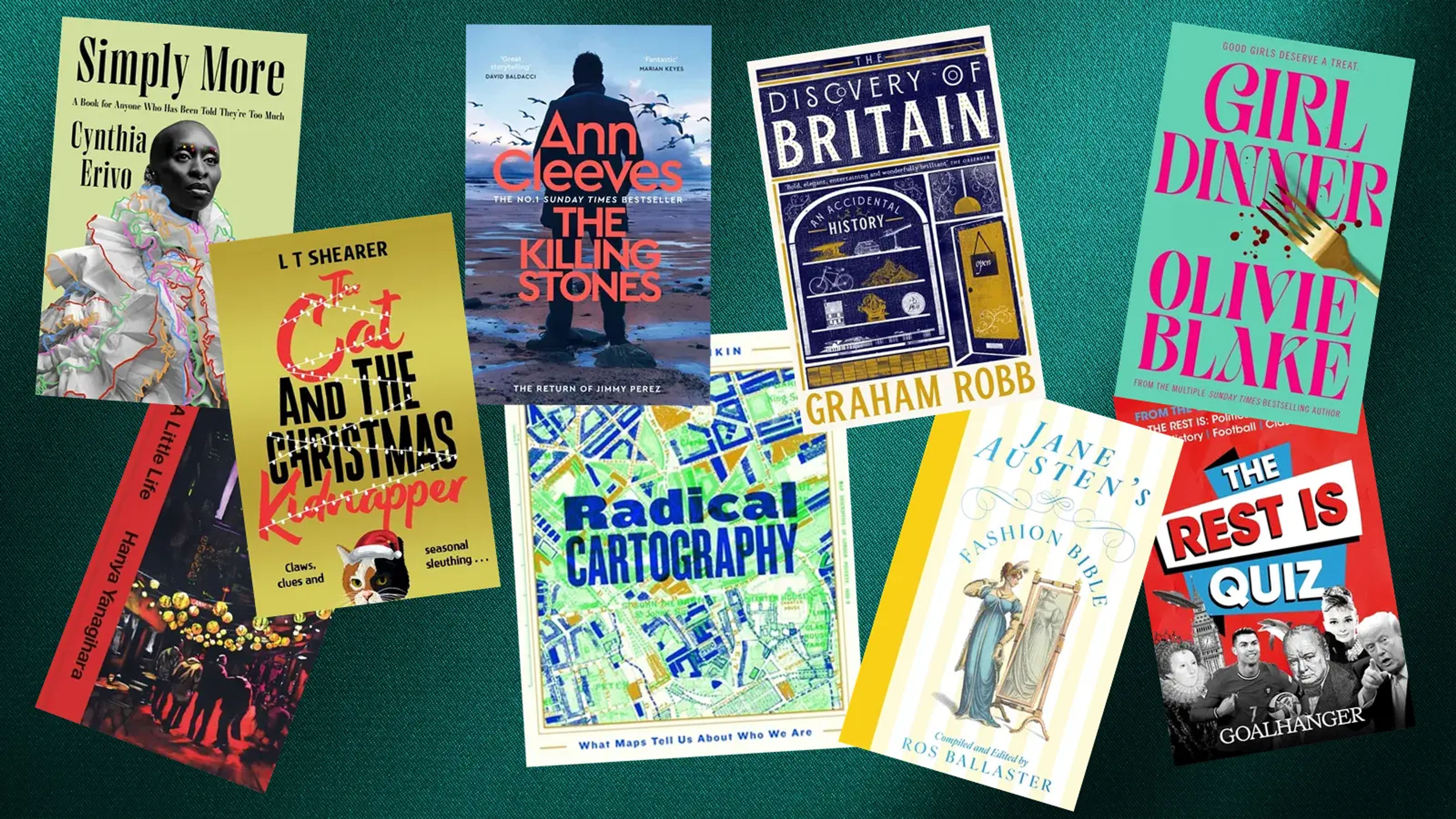 Nine books splayed out on a dark teal background