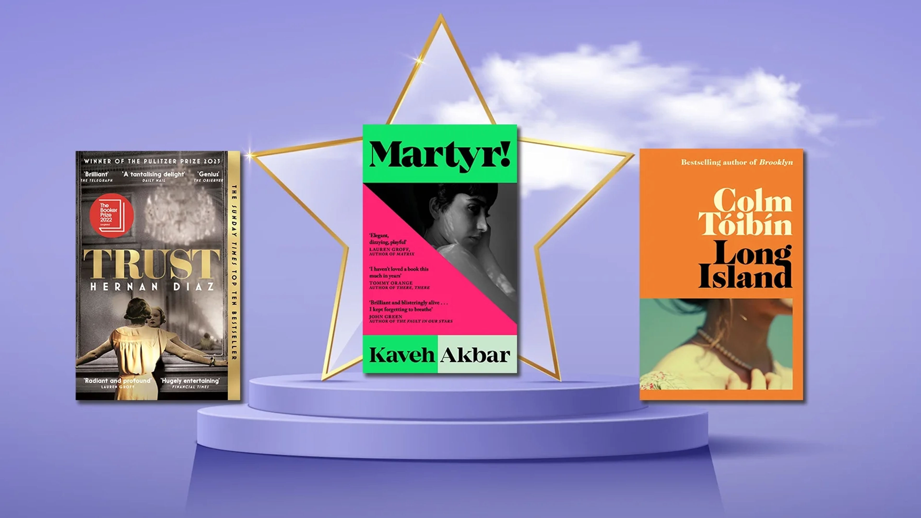 Book covers for Trust, Martyr! and Long Island on purple background with gold star