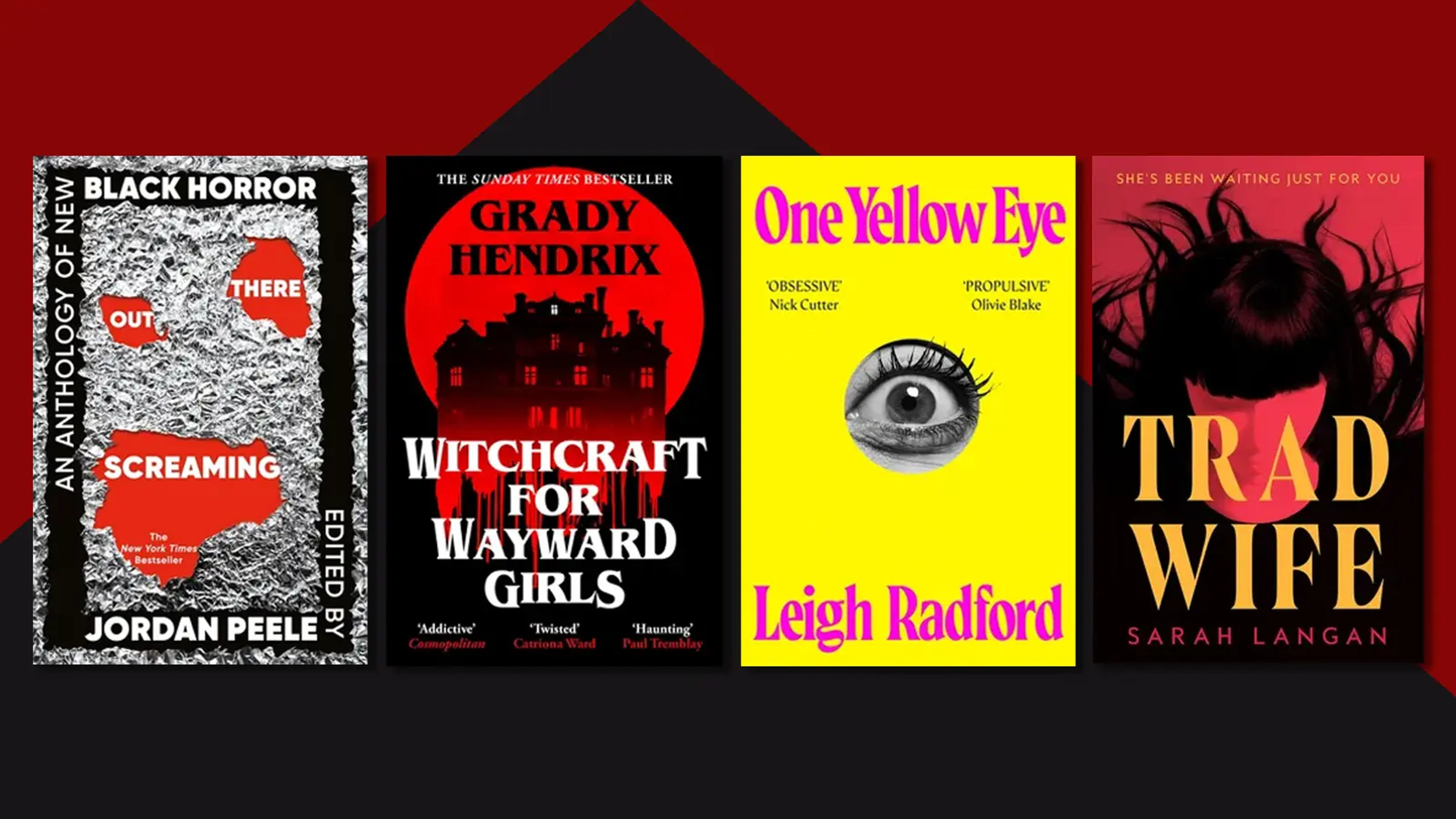 A black and dark red background with book covers overlaid