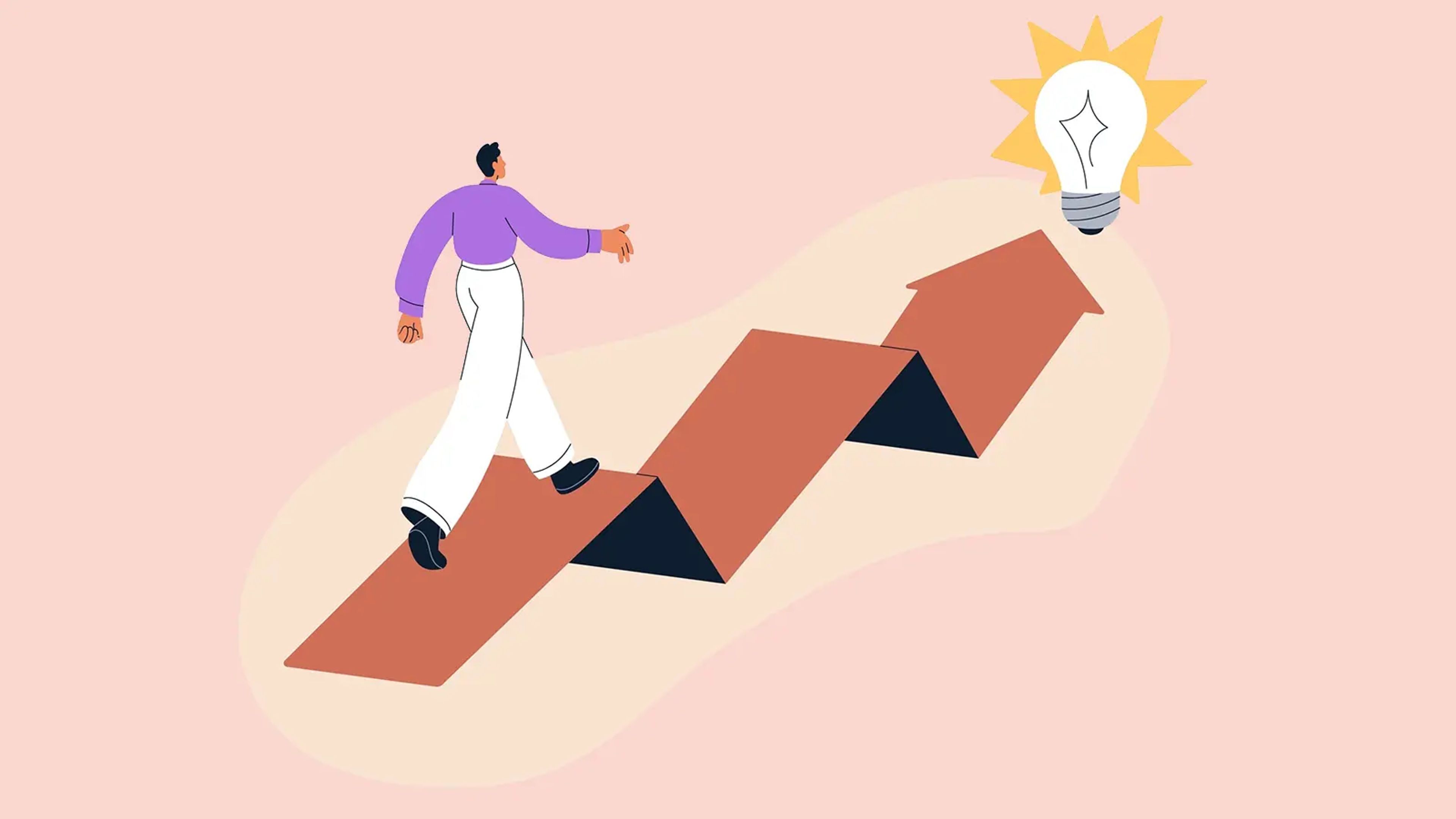 Illustration of a person walking along an arrow to a light bulb