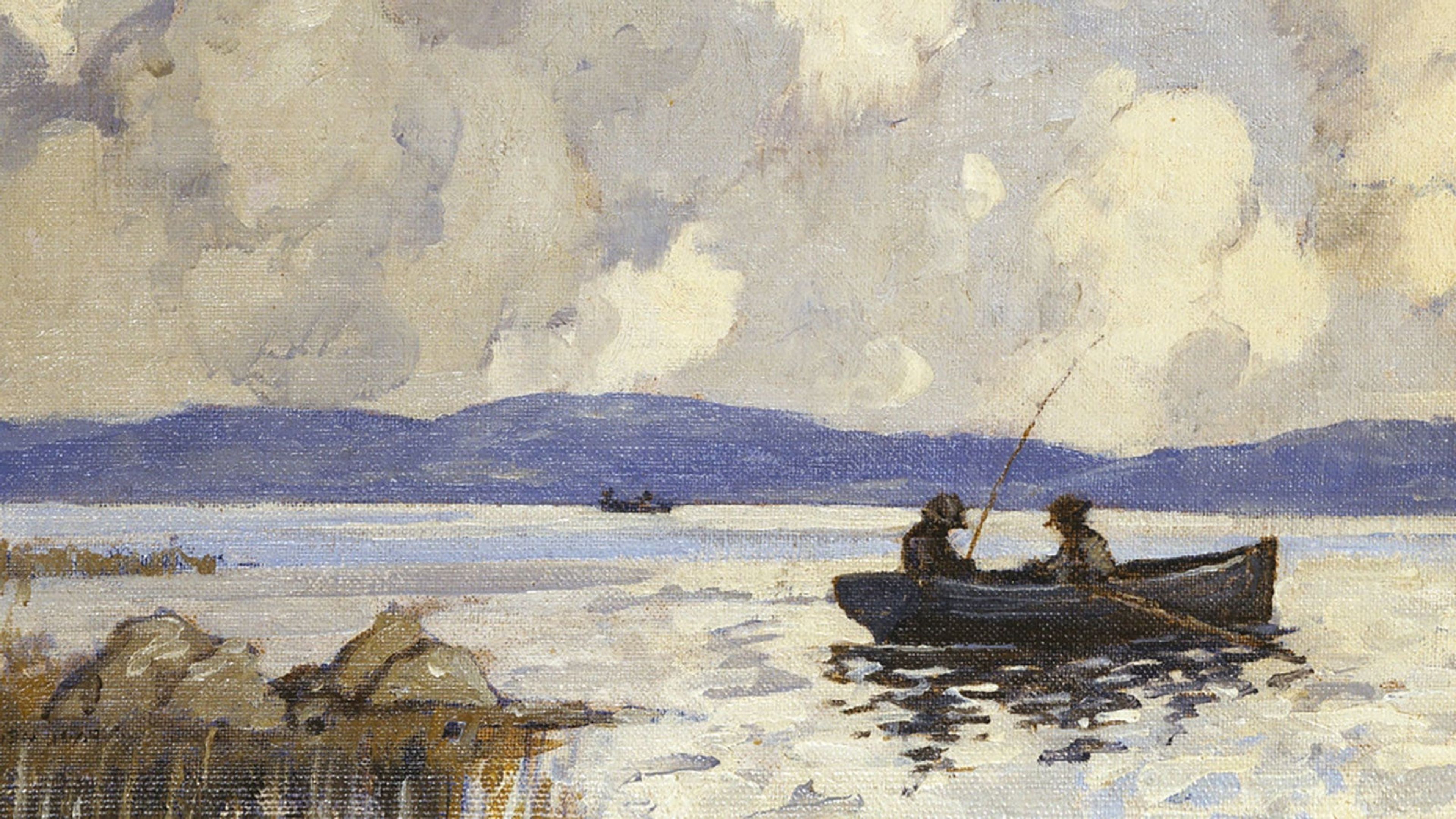 A painting of two figures fishing in a rowing boat