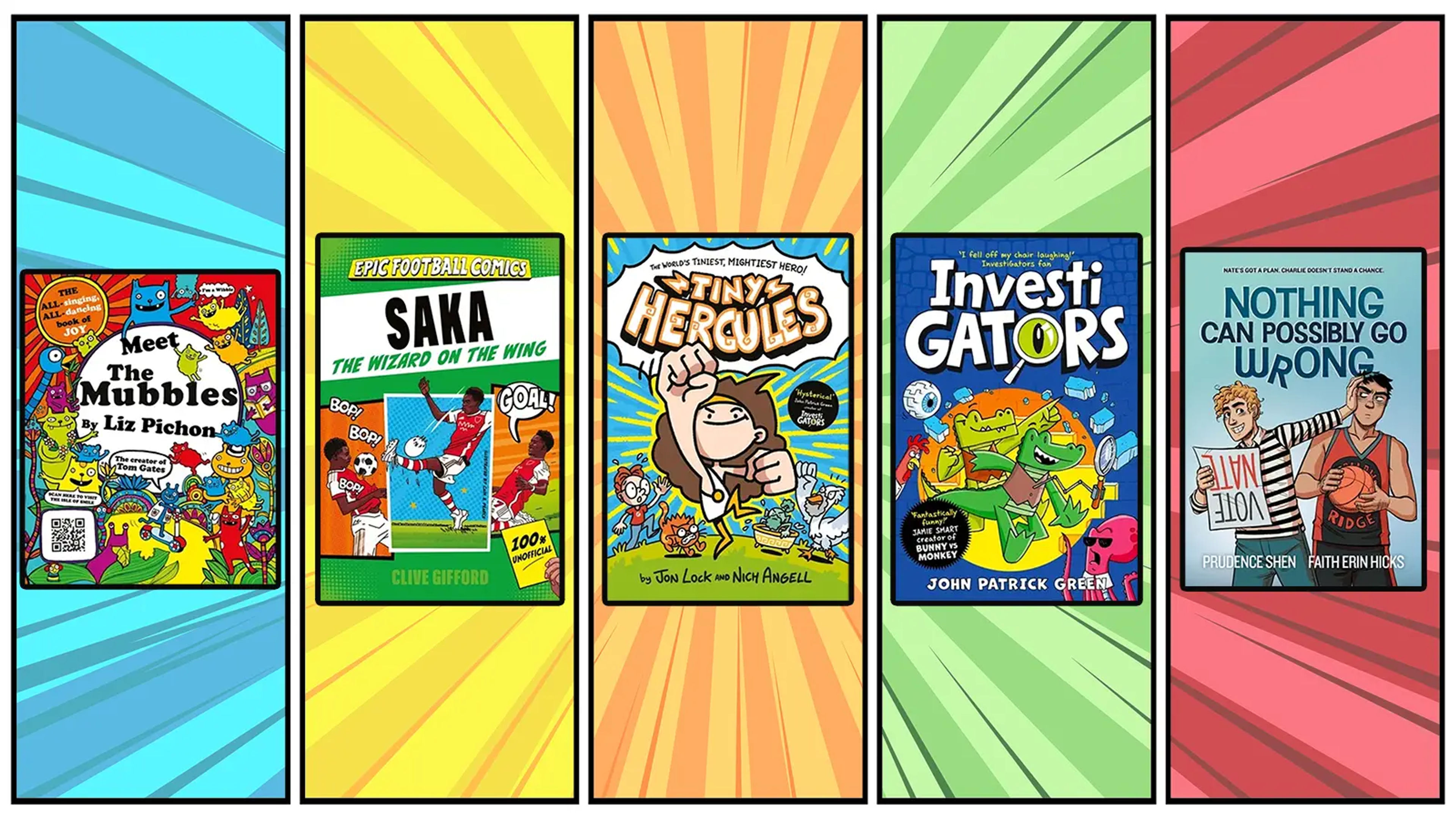 A comic book style background with five different colours and book covers overland