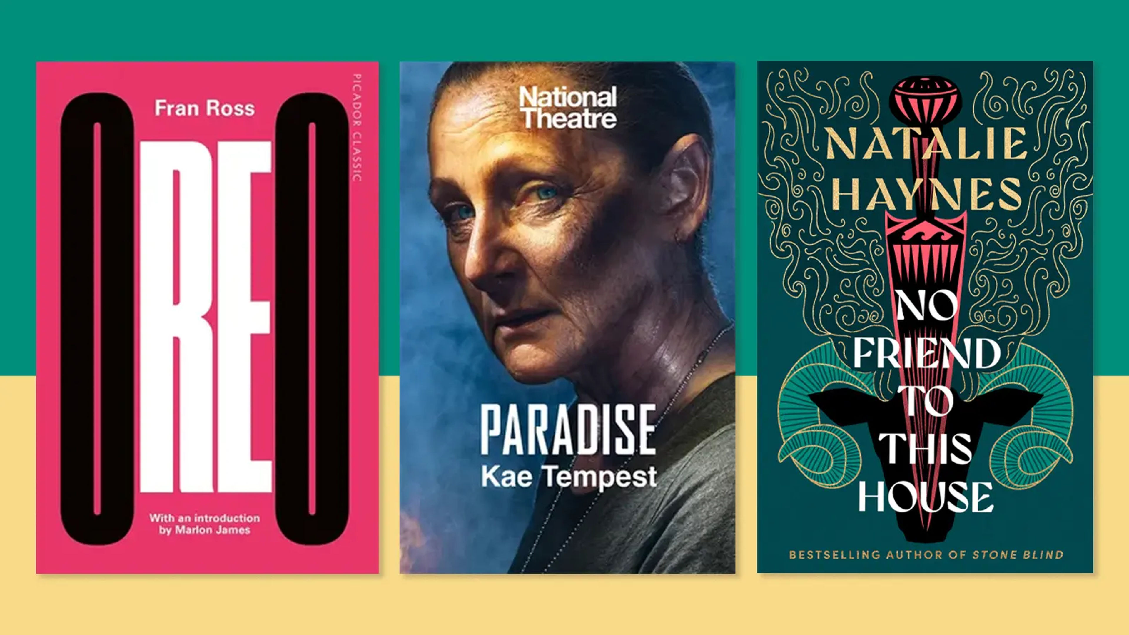 Book jackets on a two-tone background