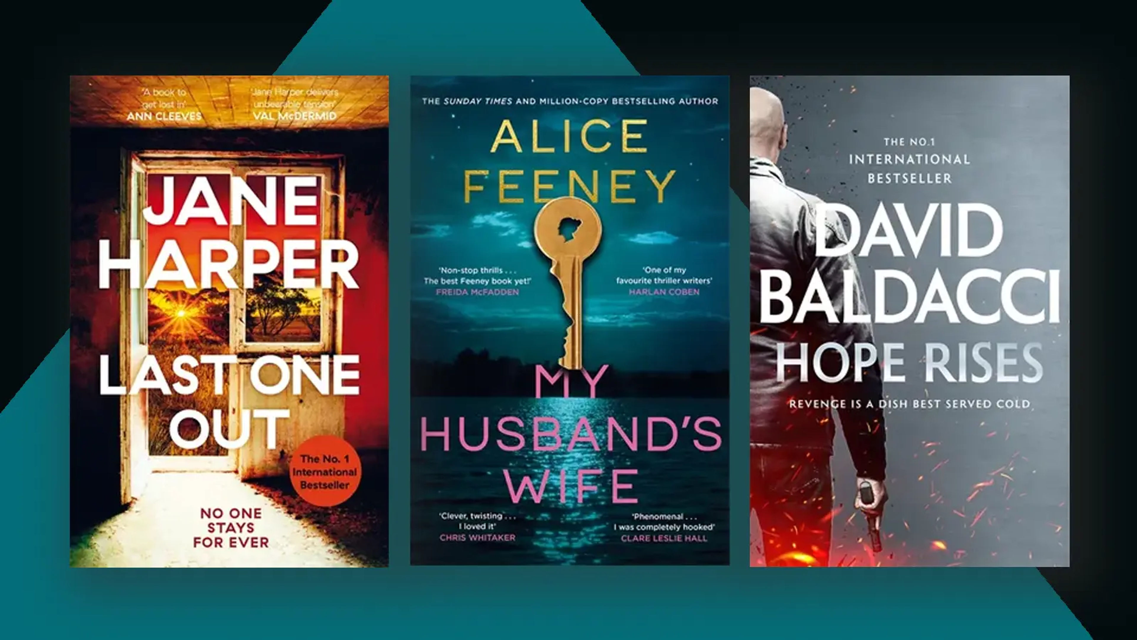 A dark teal and black background with three book covers overlaid