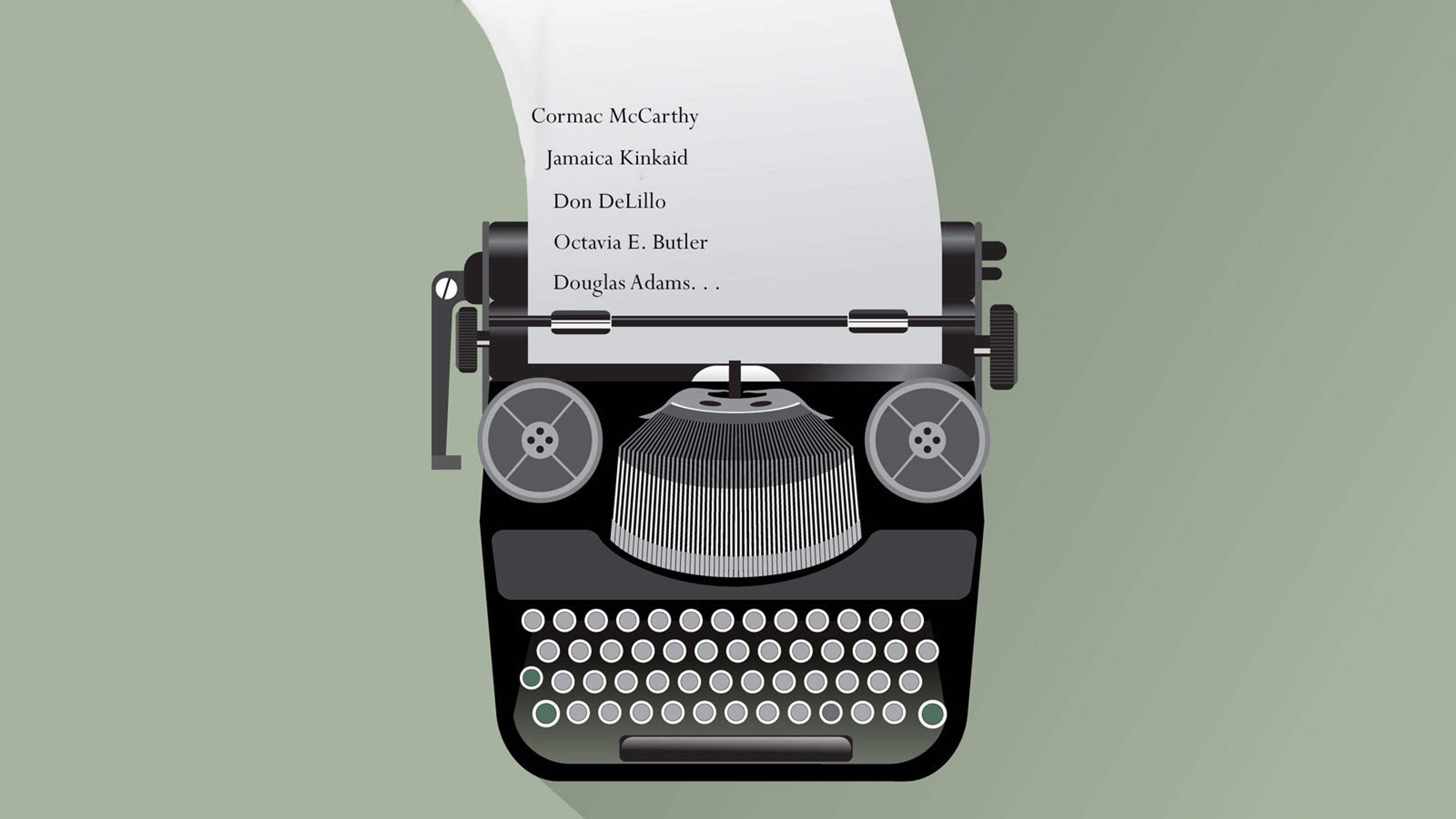 An illustration of a typewriter. On the sheet of paper is a list of names of great authors.