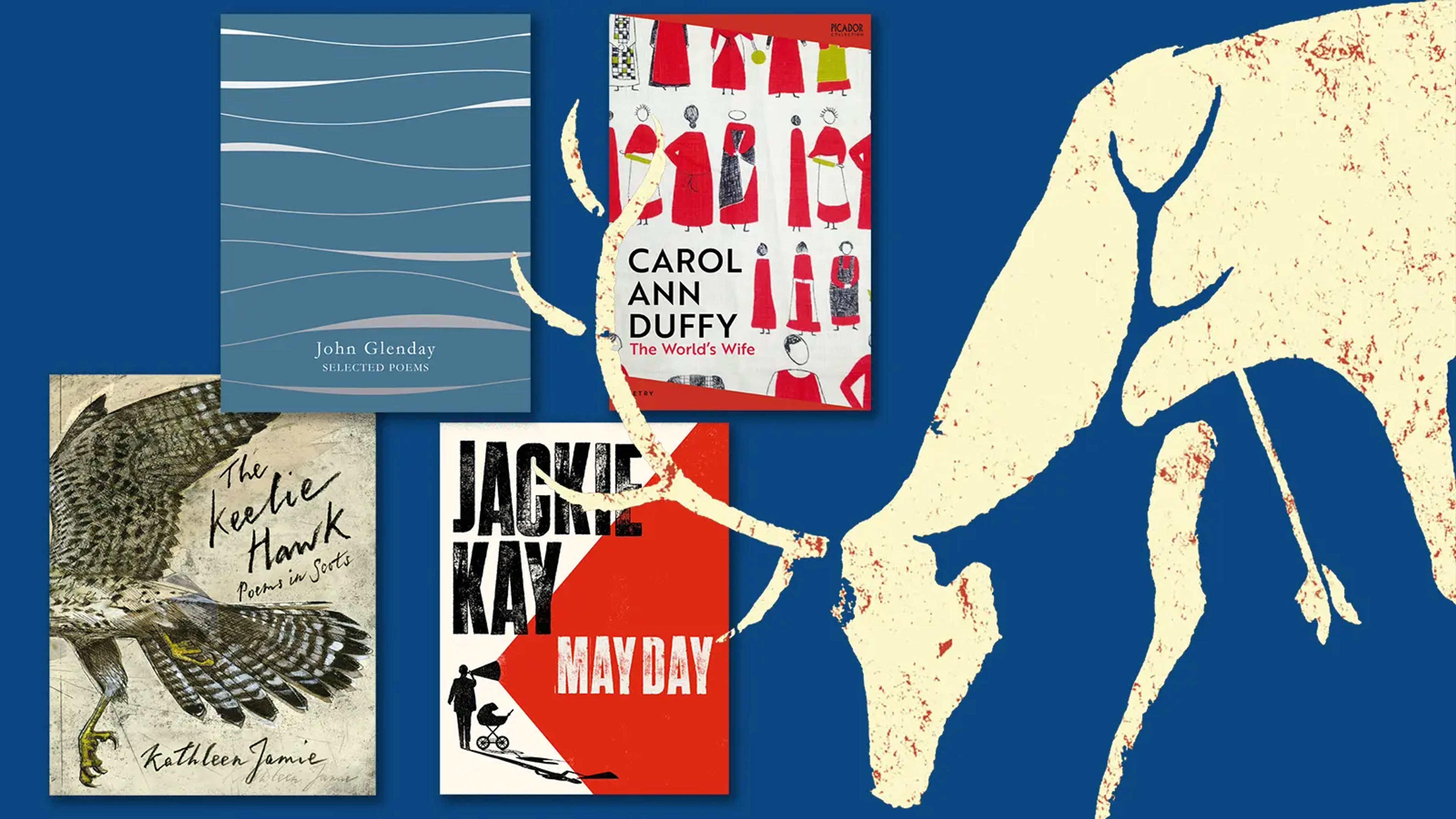 An illustration of a deer on a blue background, alongside book covers from four books of poetry