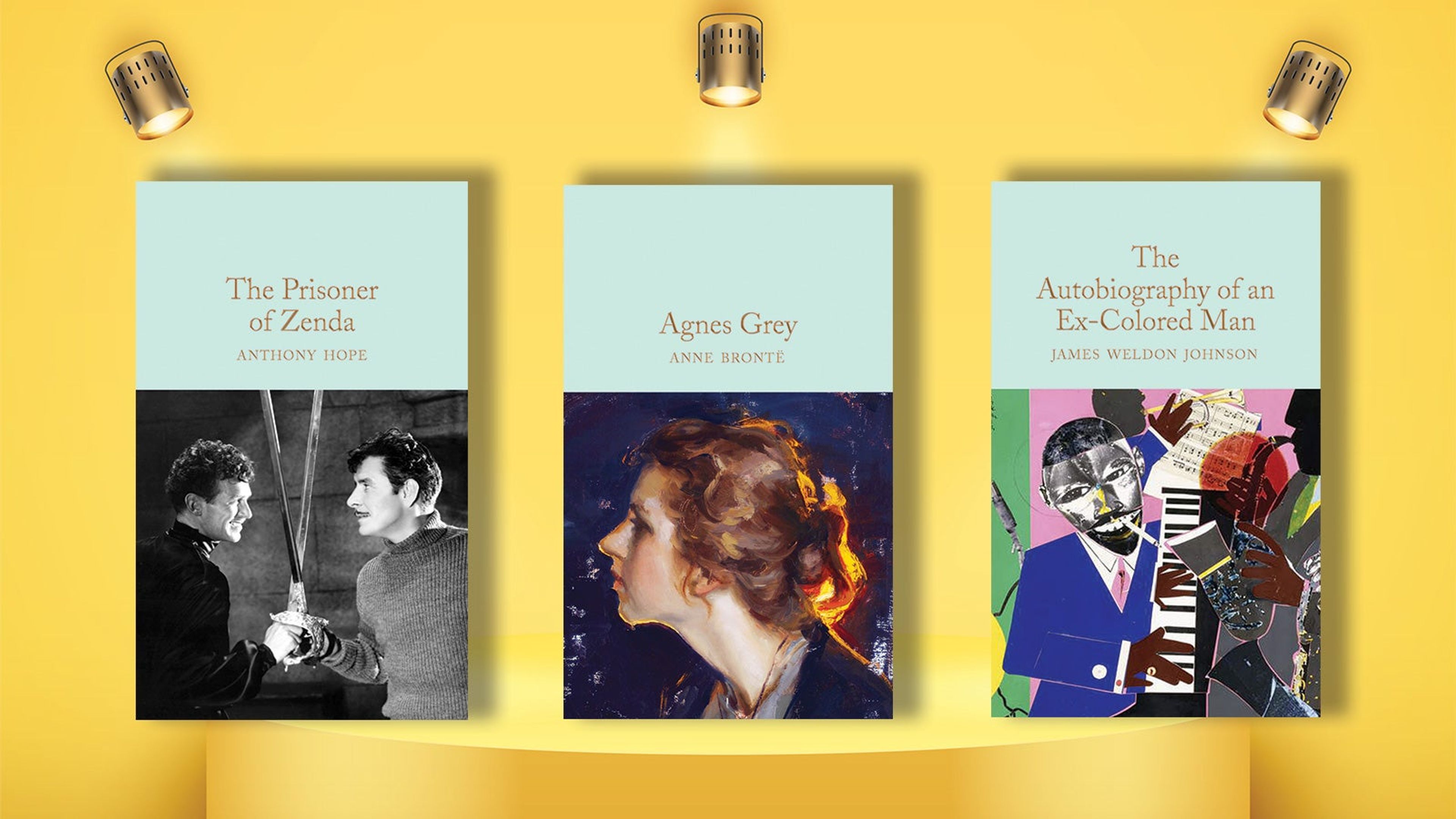 Three Macmillan Collector's Library editions on a yellow pedestal against a yellow background under spotlights.