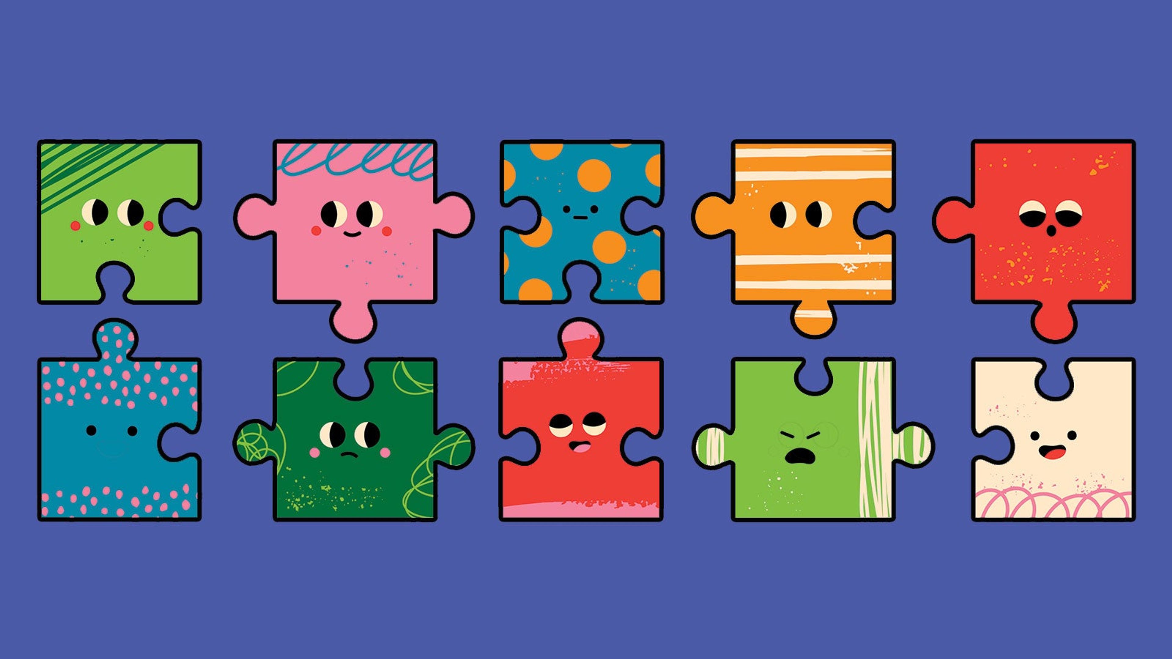 A dark blue background with colourful jigsaw pieces expressing different emotions.