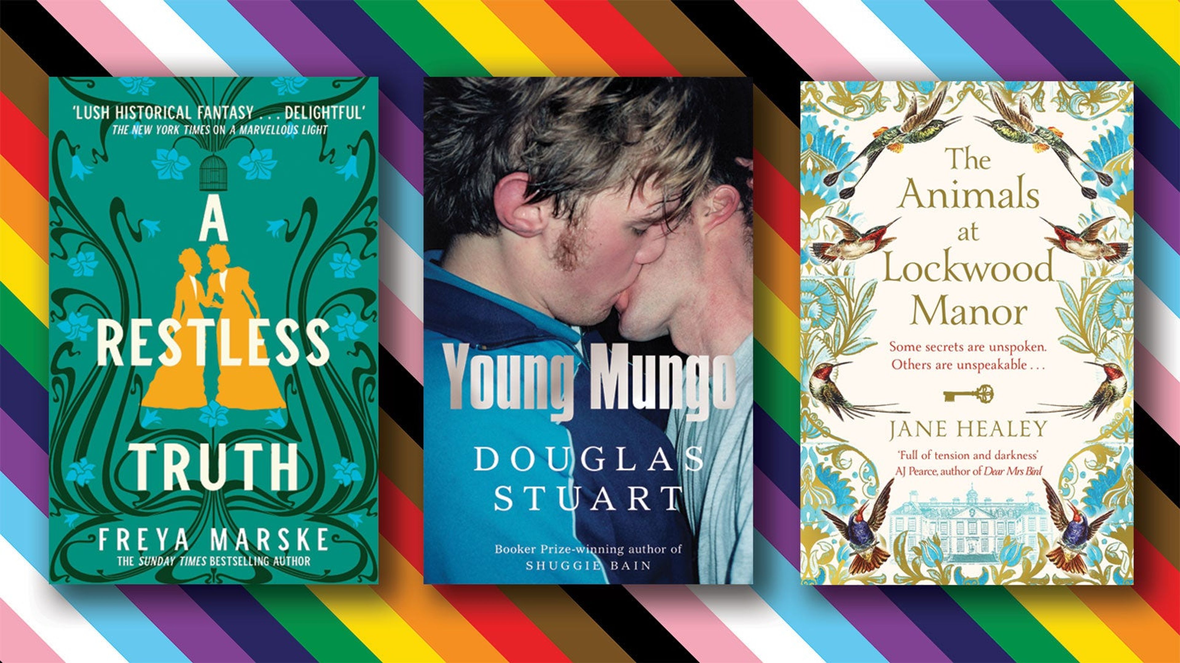 A Restless Truth, Young Mungo and The Animals at Lockwood Manor cover art on a LGBTQIA+ flag background