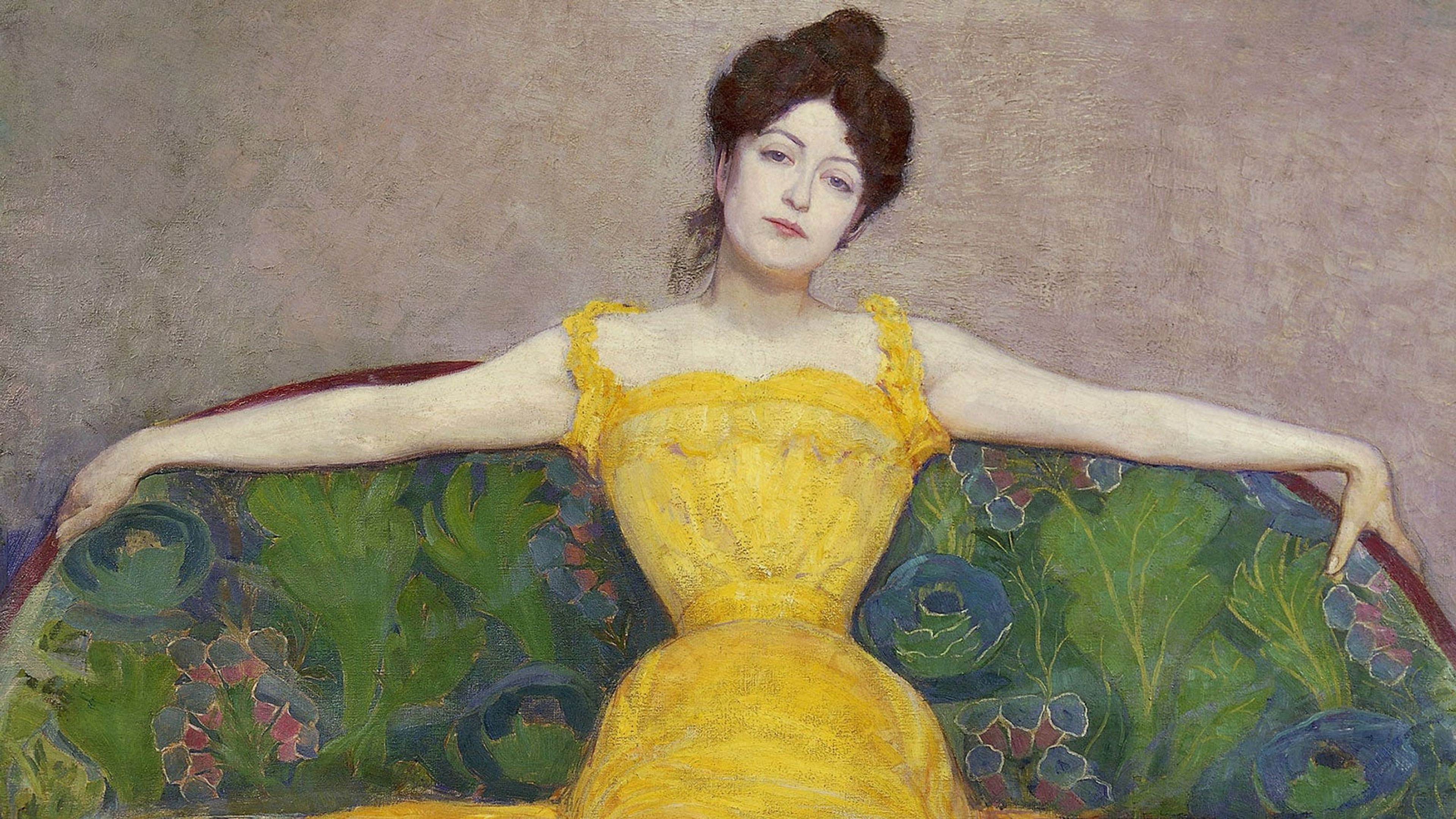 An oil painting of a Regency-era woman in a yellow dress sitting on a sofa with her arms wide