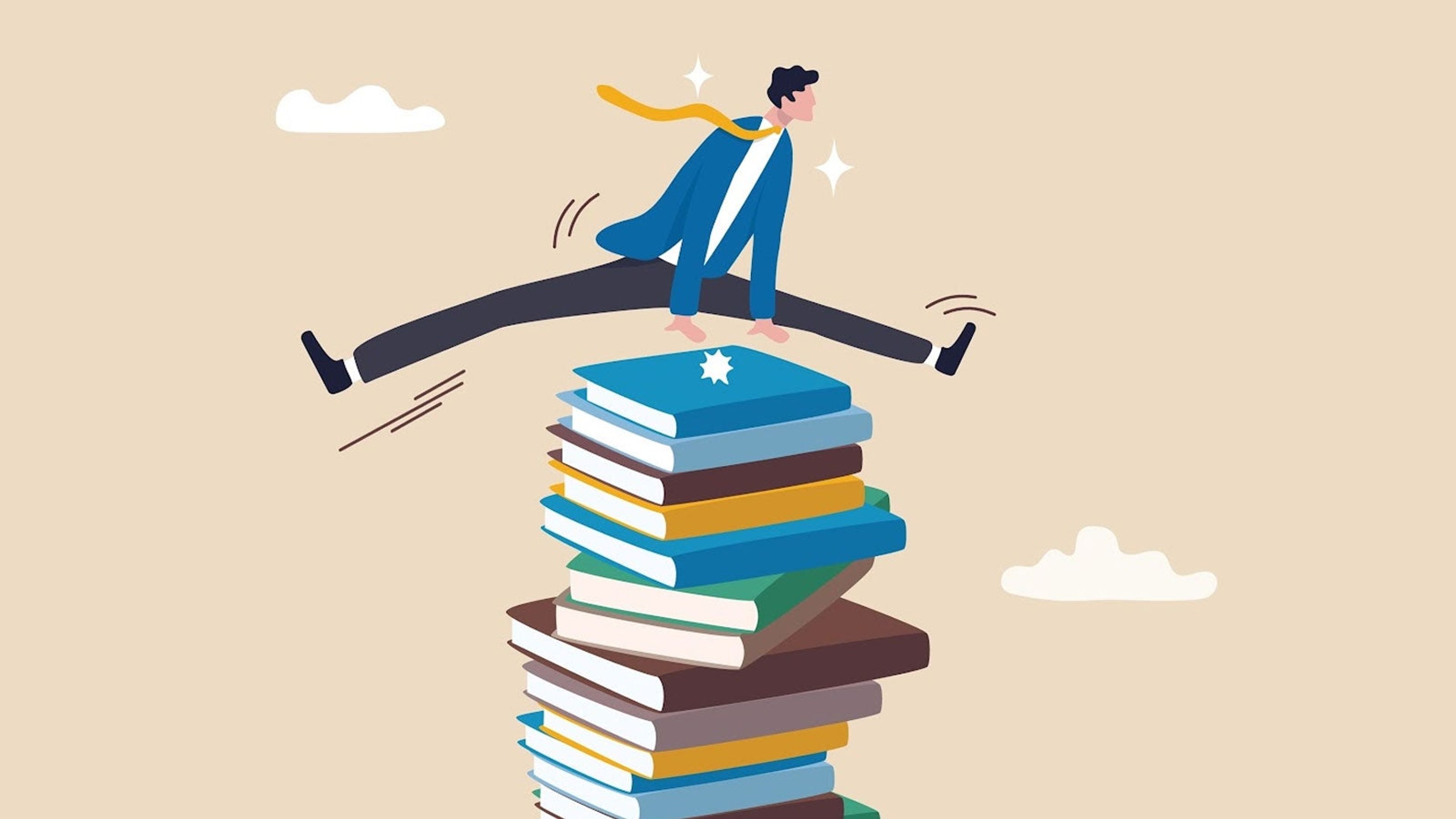 An illustration of a man straddle jumping over a large pile of books.