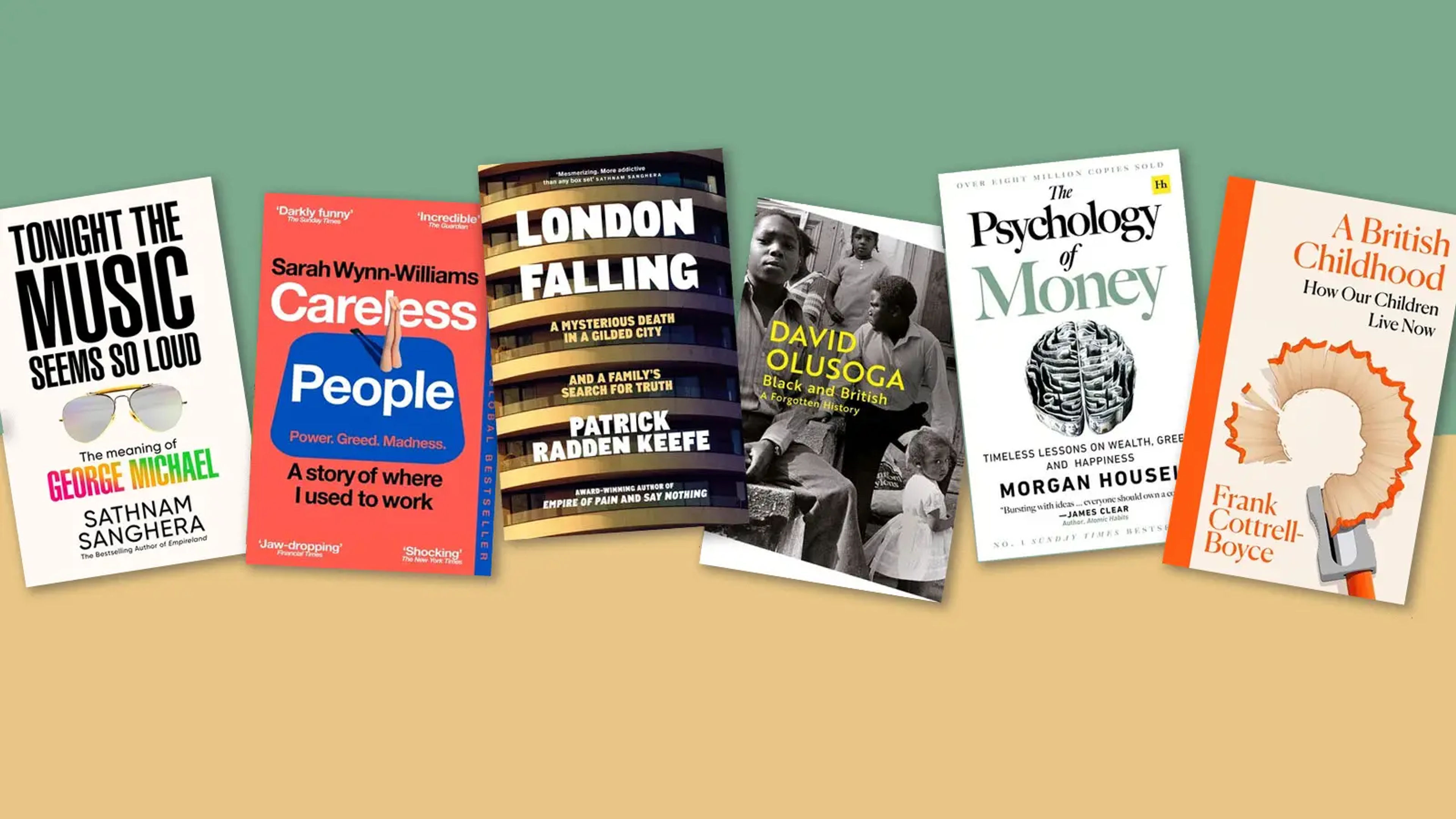 Multiple book jackets, including London Falling by Patrick Radden Keefe, on a light green and yellow background
