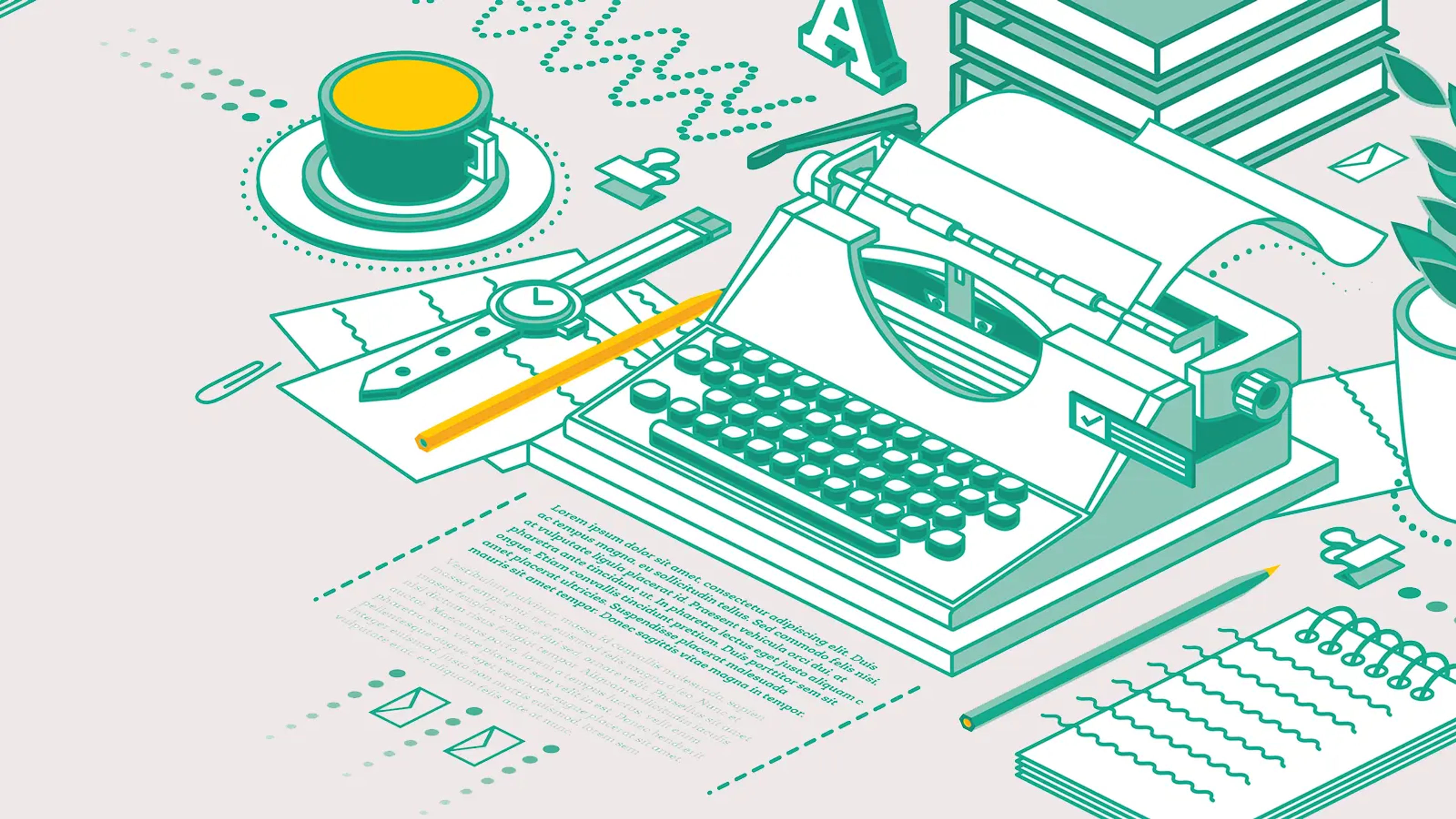 A line drawing of a typewriter surrounded by writing paraphernalia