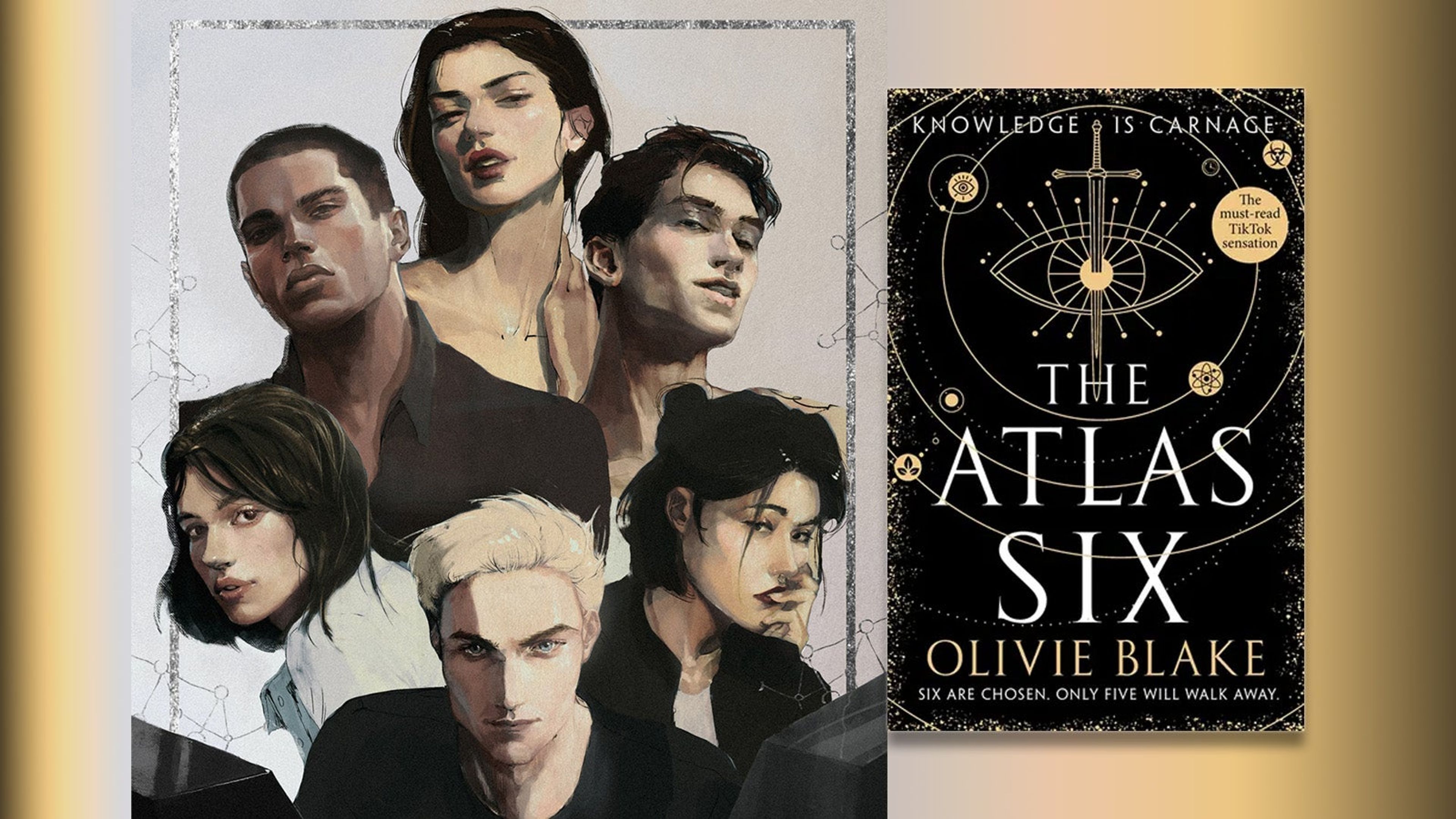 The Atlas Six magicians next to a copy of The Atlas Six