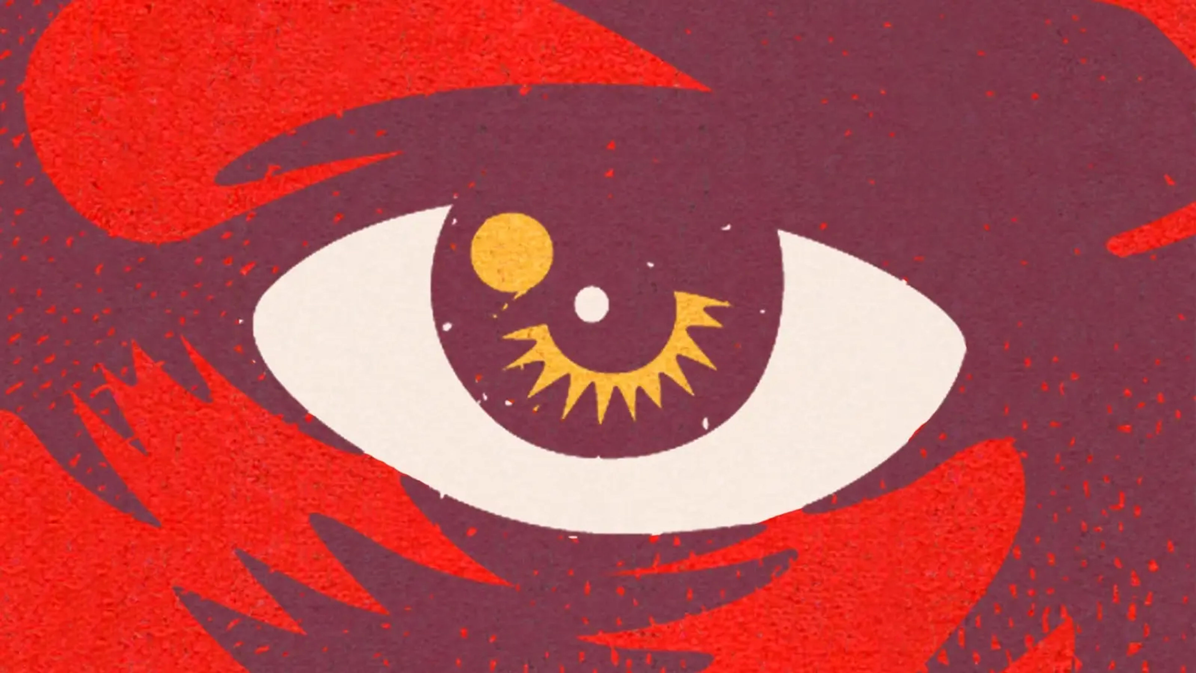 A close-up drawing of an eye on a red background.